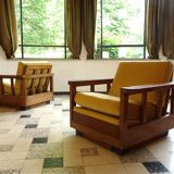Ensemble de 2 fauteuils club Art Déco cubiste en bois et velours, Allemagne 1920