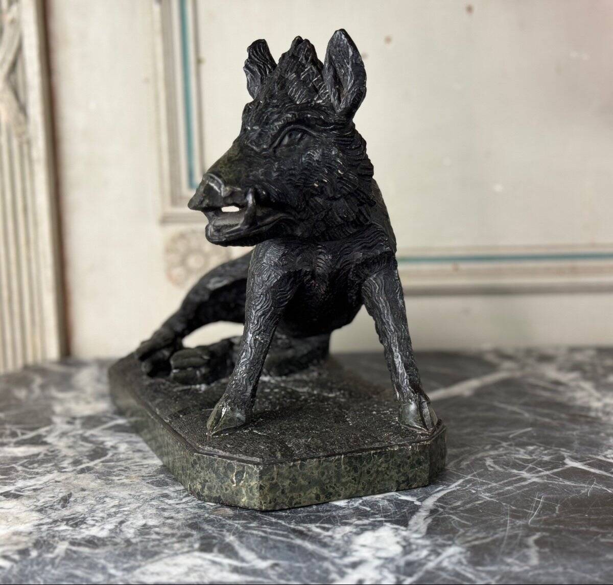 The Porcelino after Pietro Tacca, sculpture in green serpentine marble, Italy 19th century.