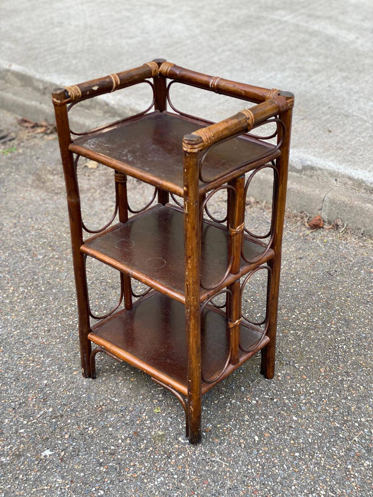 Vintage rattan and wicker shelf, 3 levels, 70cm