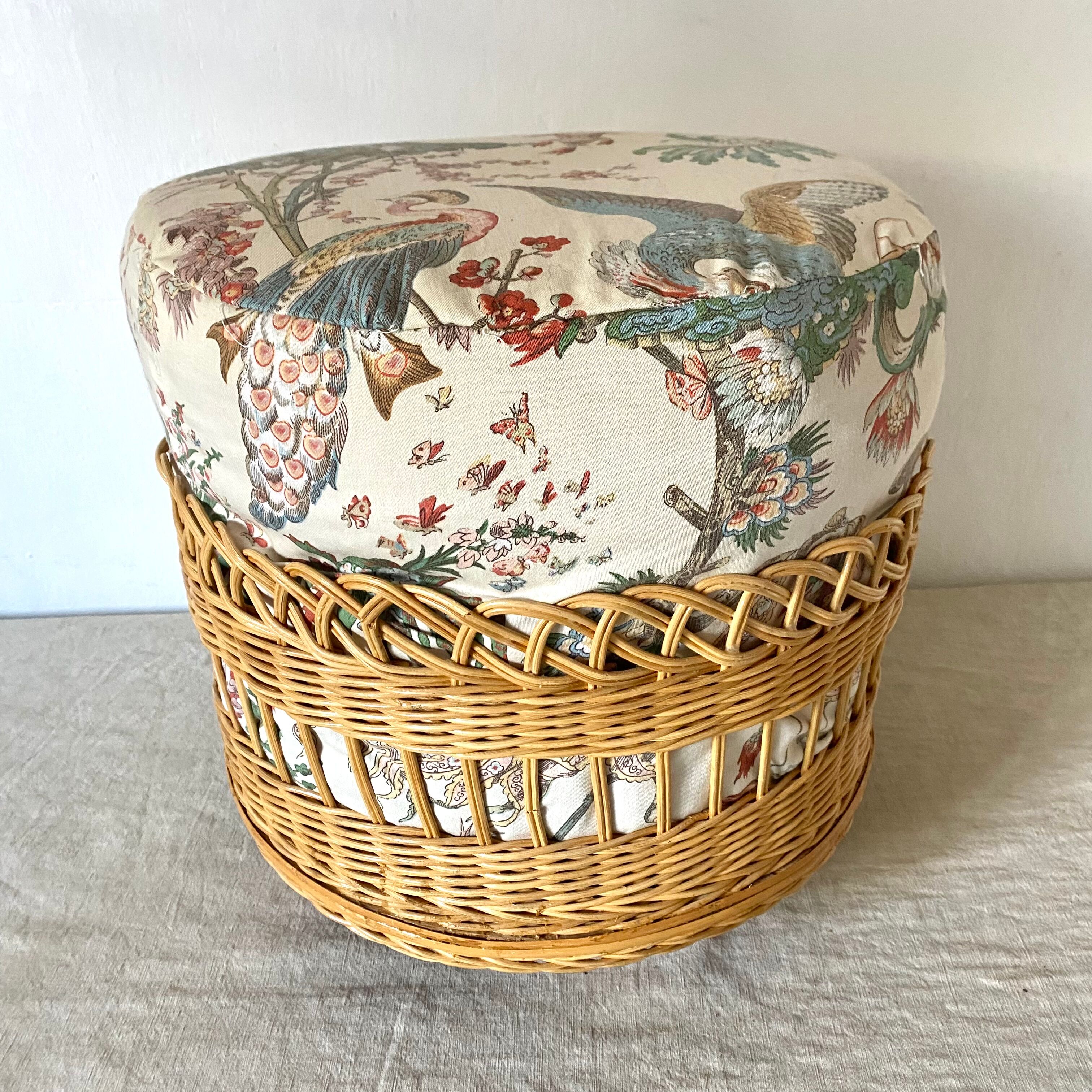 Rattan pouf and vintage fabric