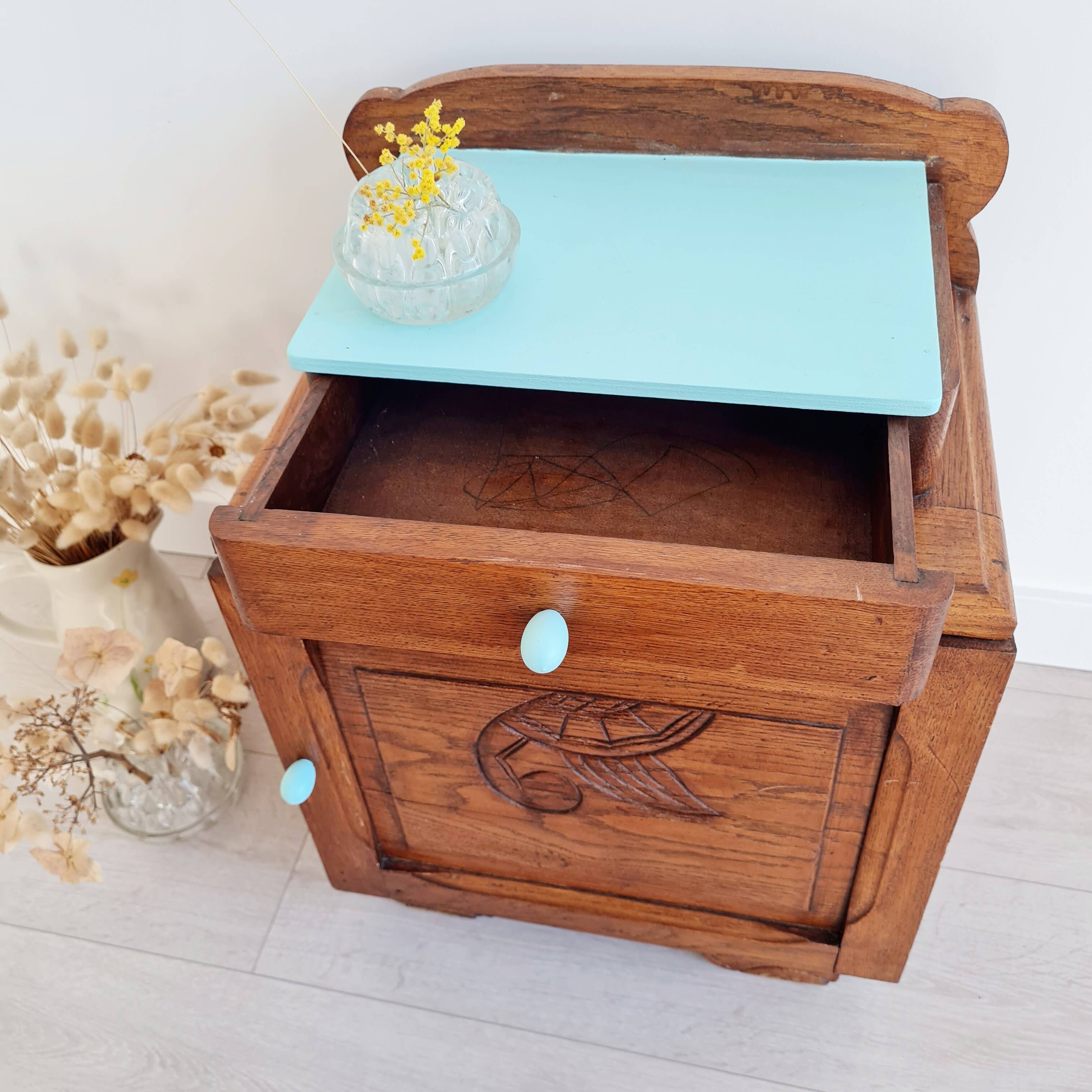 Art Deco bedside table in solid wood - blue top