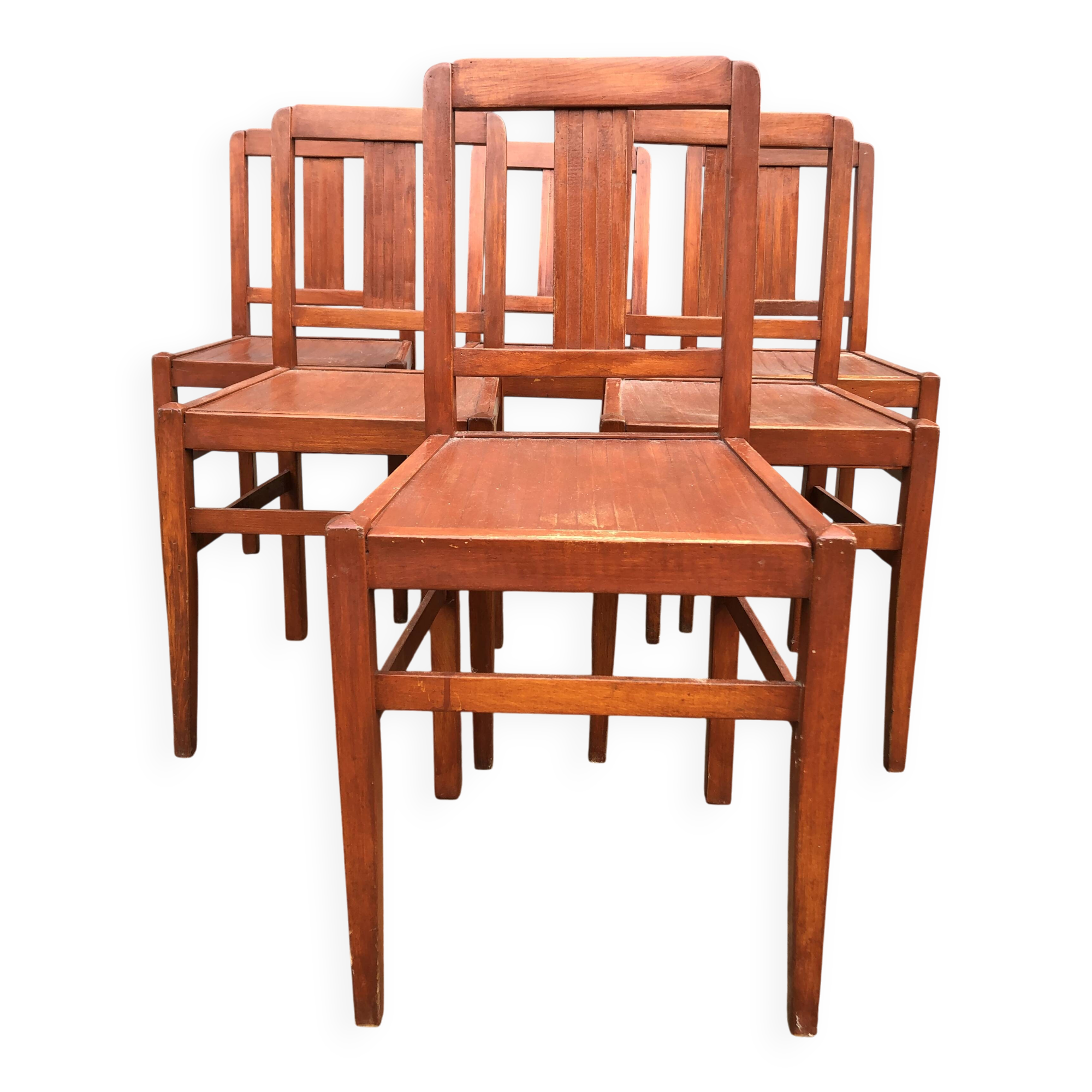 6 René Gabriel chairs from the reconstruction period in beech and plywood.