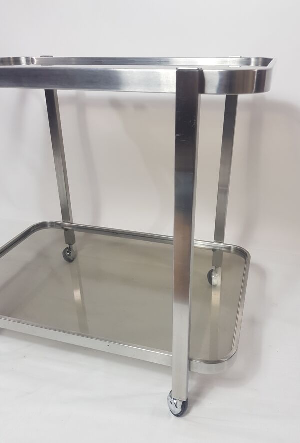 Chariot de service acier brossé et verre fumé années 70