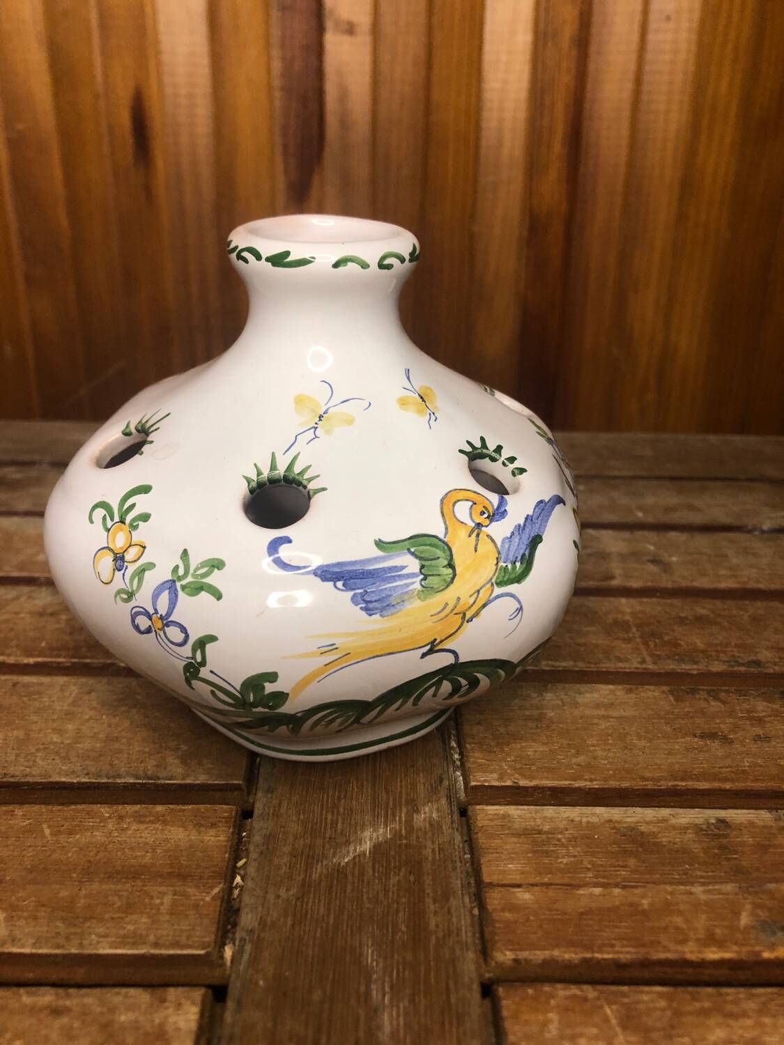 Old moustiers flower stick vase vintage painted white ceramic