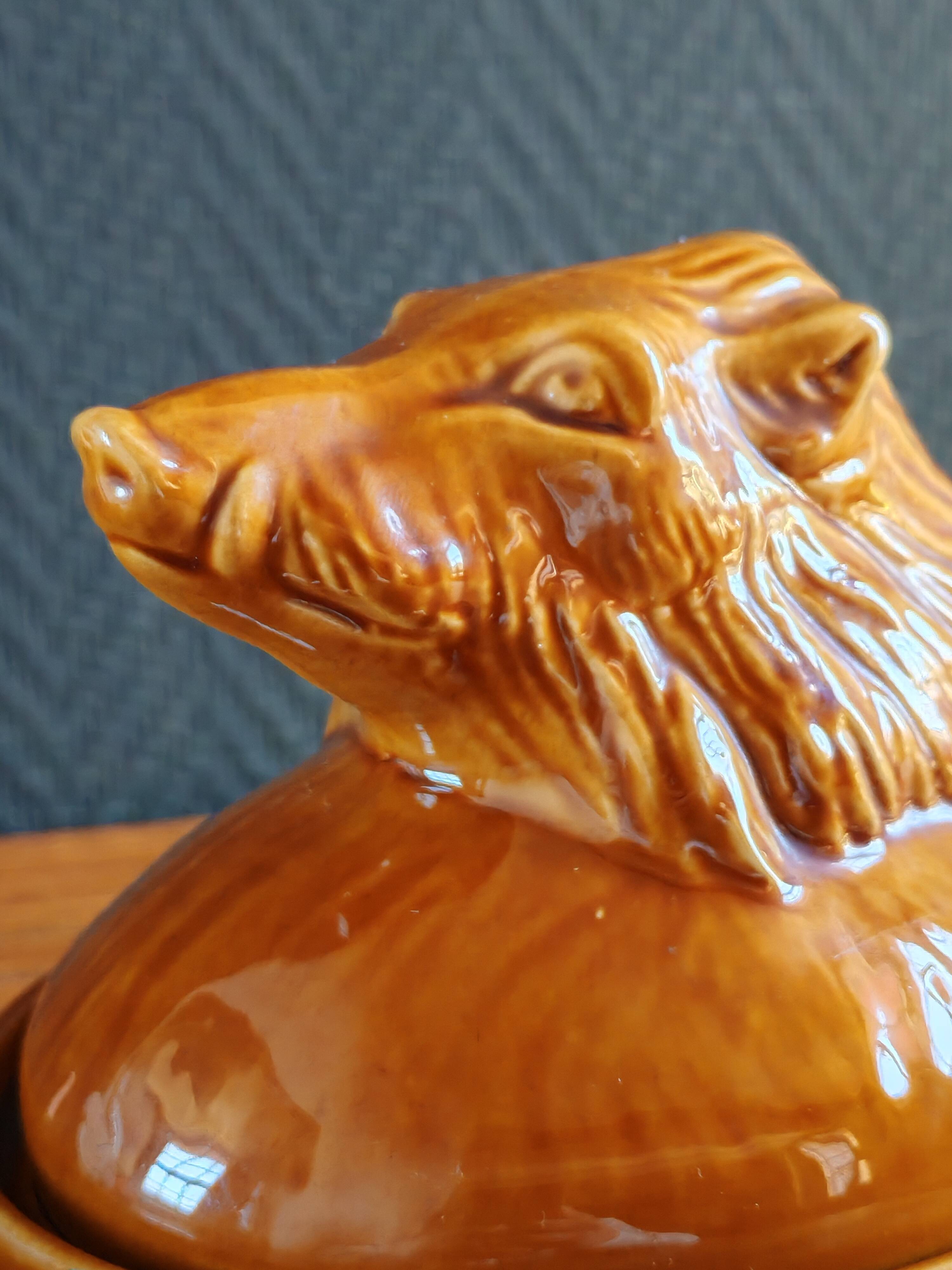 Terrine Vintage Tête de Sanglier en Céramique, Plat de Service Gibier