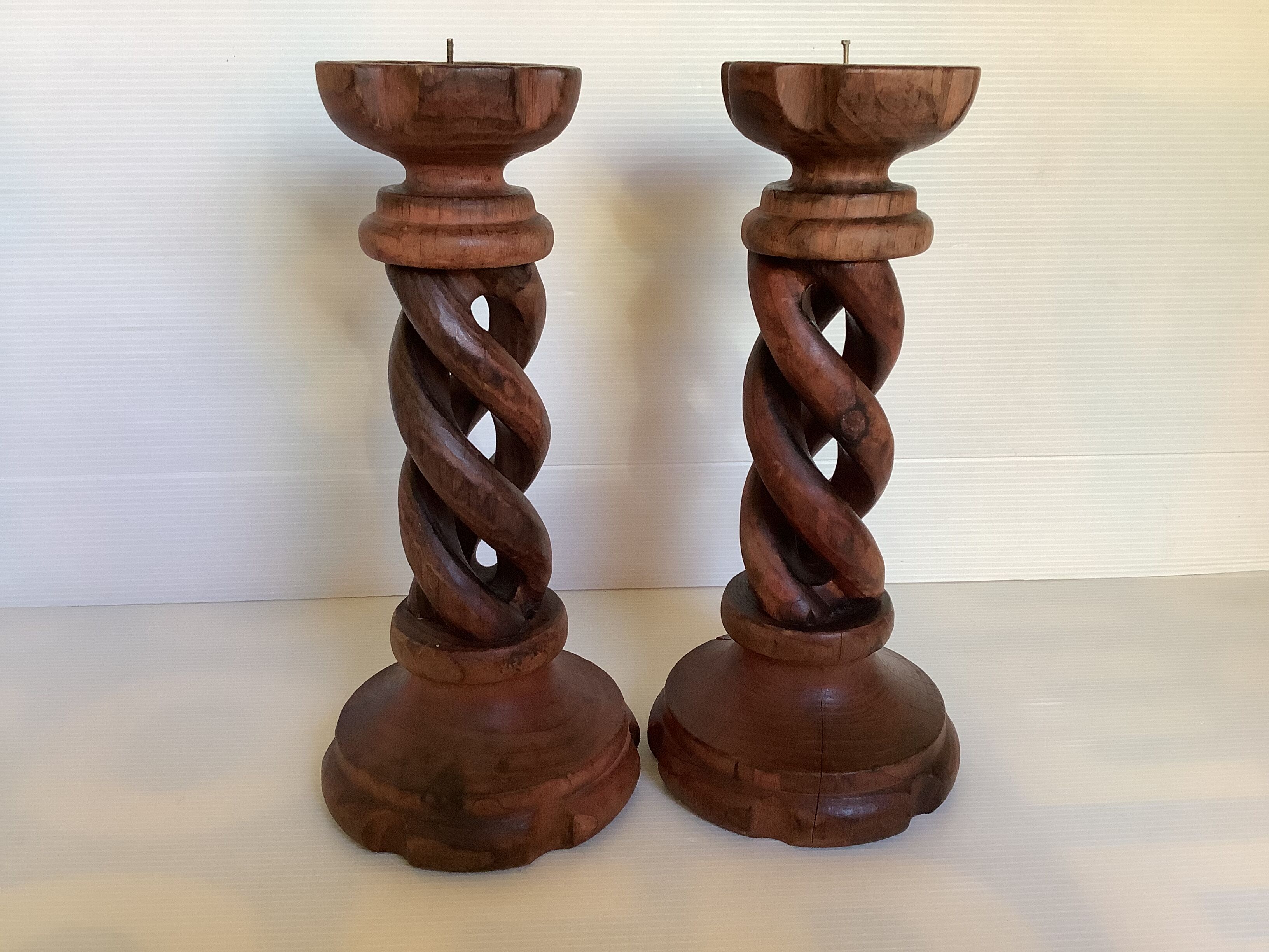 Pair of candlesticks picnic candle in twisted turned wood
