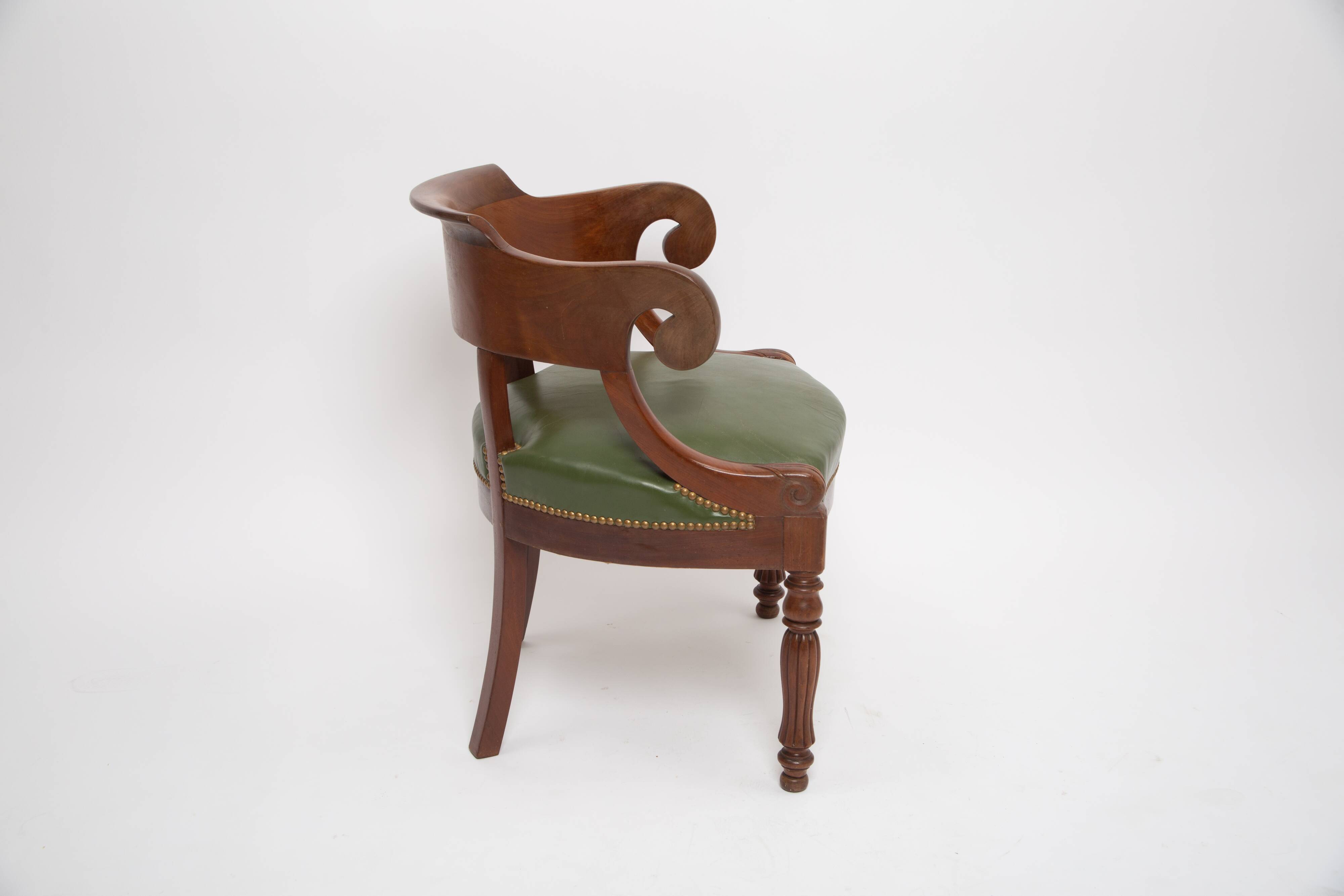Louis Philippe gondola office chair green leather and wood