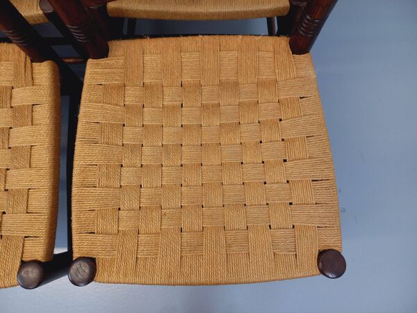 Suite de 6 chaises vintage Arts & Crafts style Antonio Calligaris en bois de chêne corde années 50