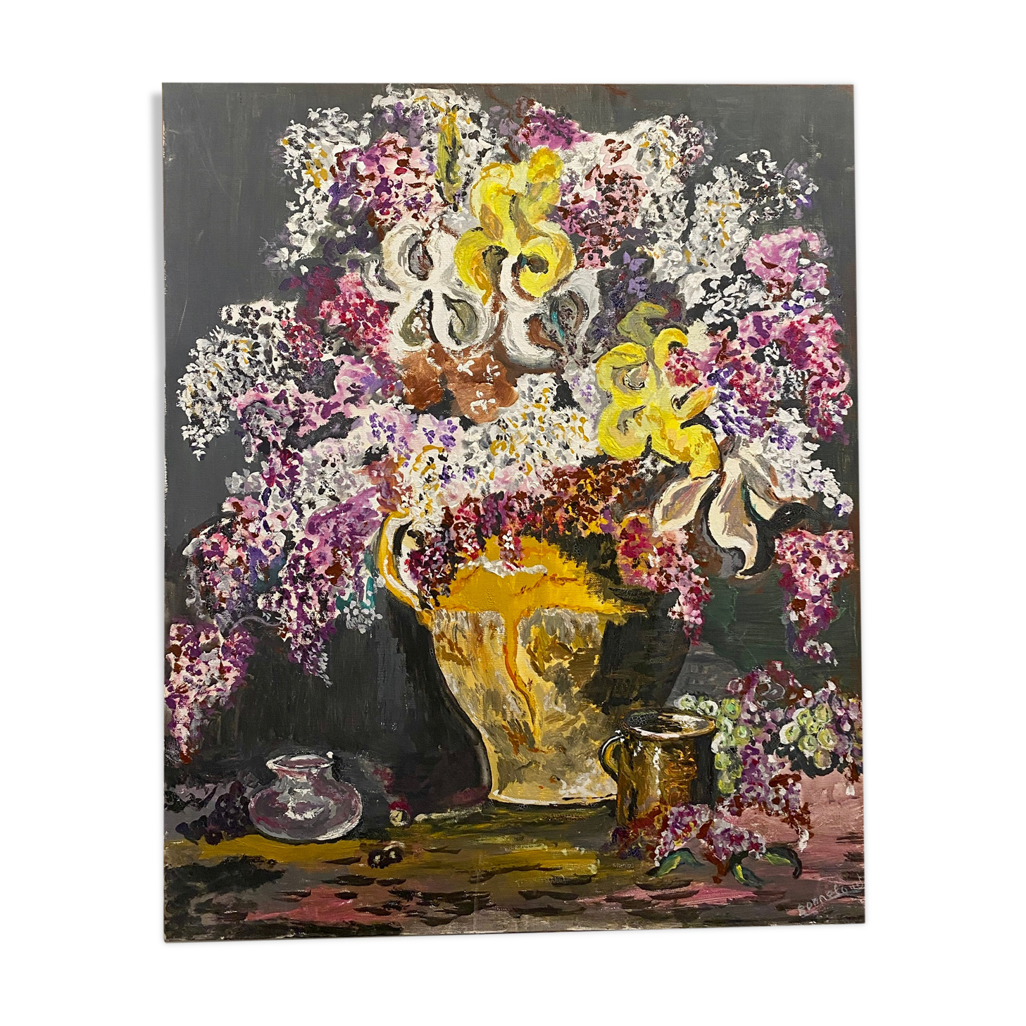 Ancient painting, still life with lilas and iris signed Bonnefond 70s
