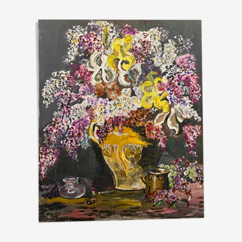 Tableau ancien, nature morte aux lilas et iris signé Bonnefond années 70