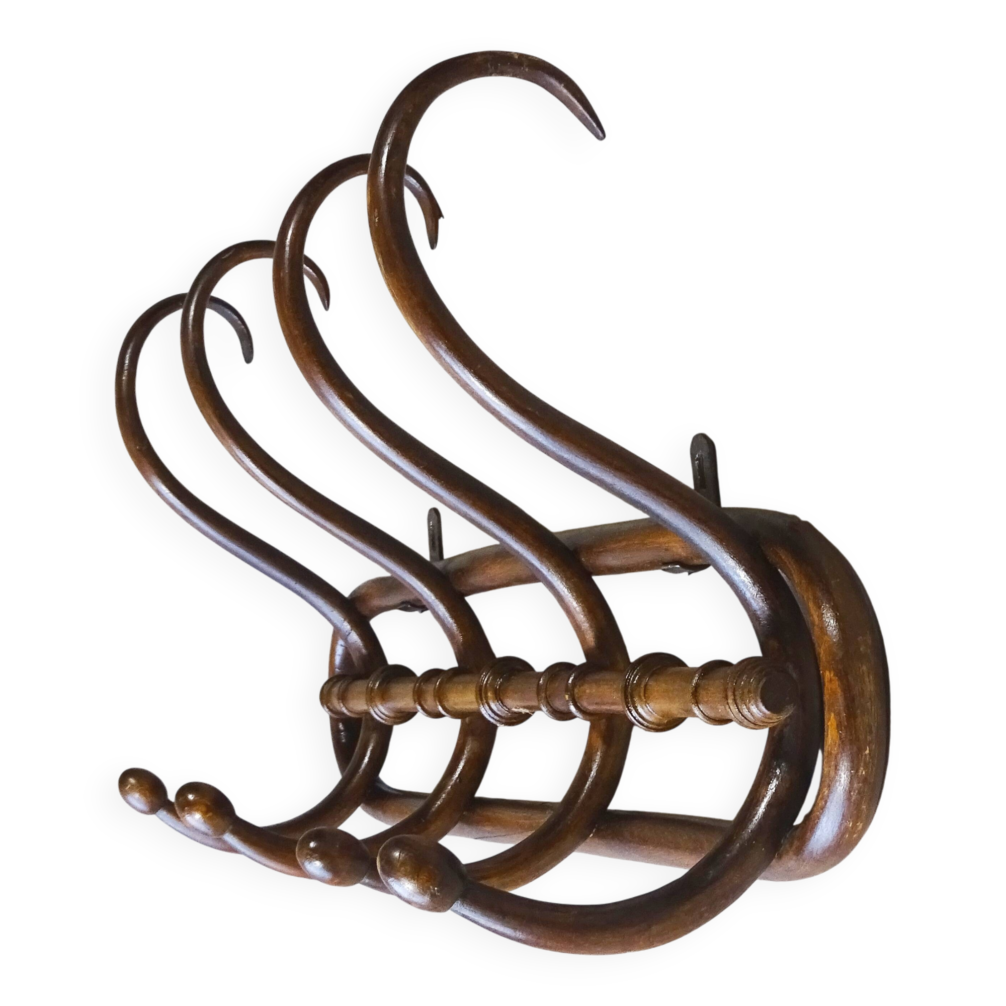Wall coat rack by Kohn, bent wood 1910, no Thonet.