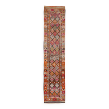 Pink & Orange Long Vintage Turkish Runner Rug, 87x395Cm