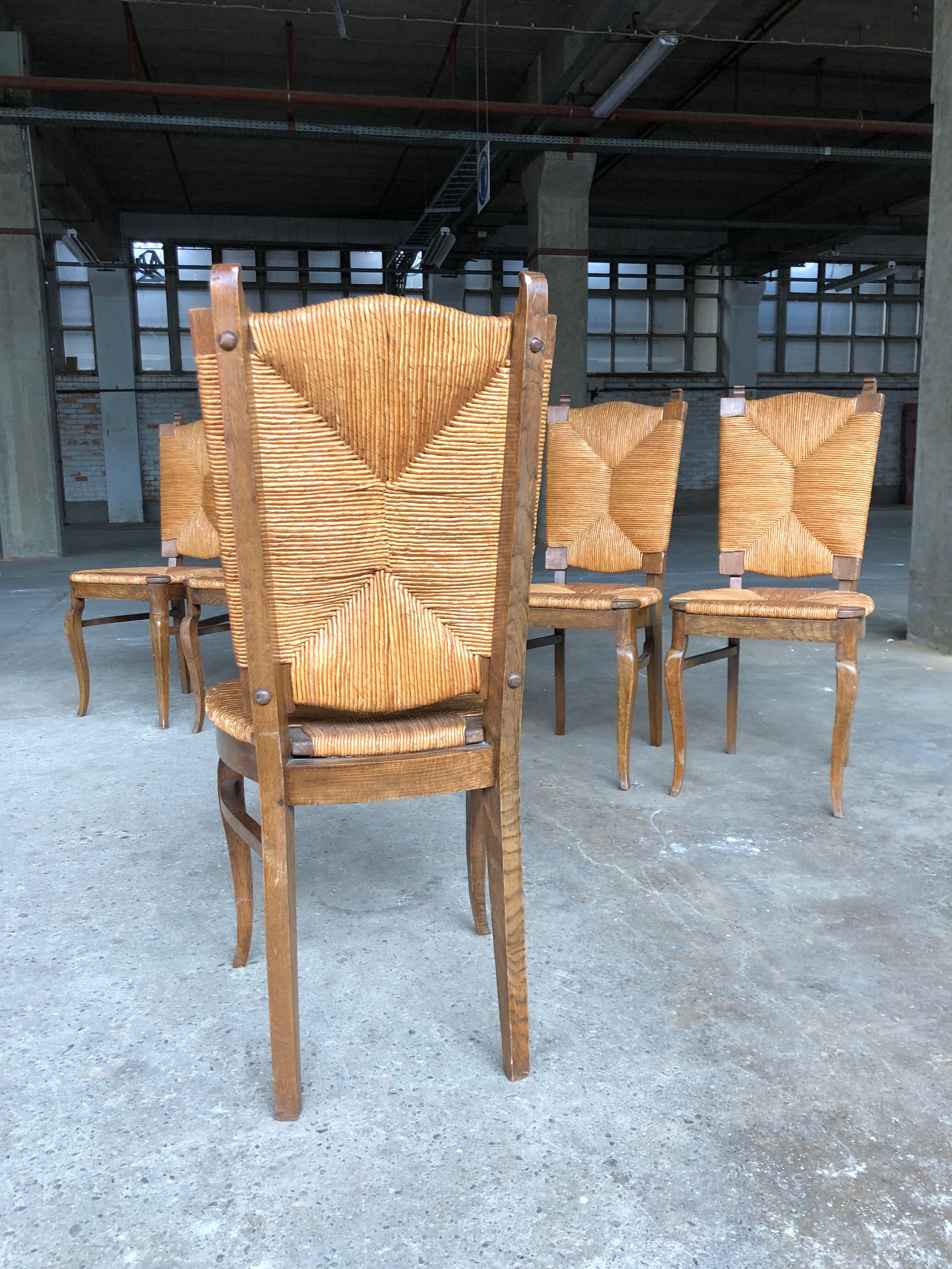 Dining chairs with rush made of oak wood, France 1950s, Set of 6
