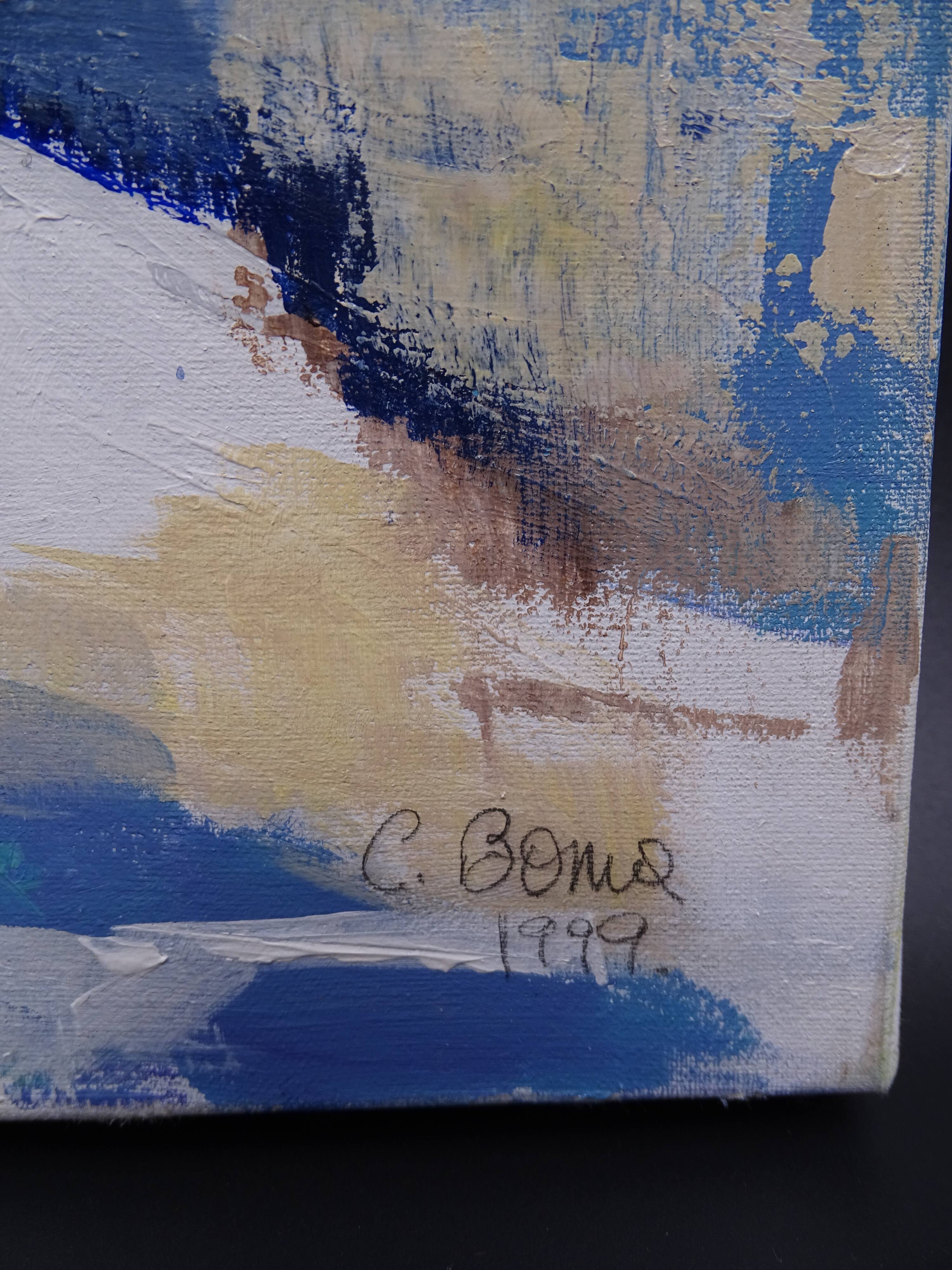 The Greek village - Pastel blue and ochre tones - Signed dated