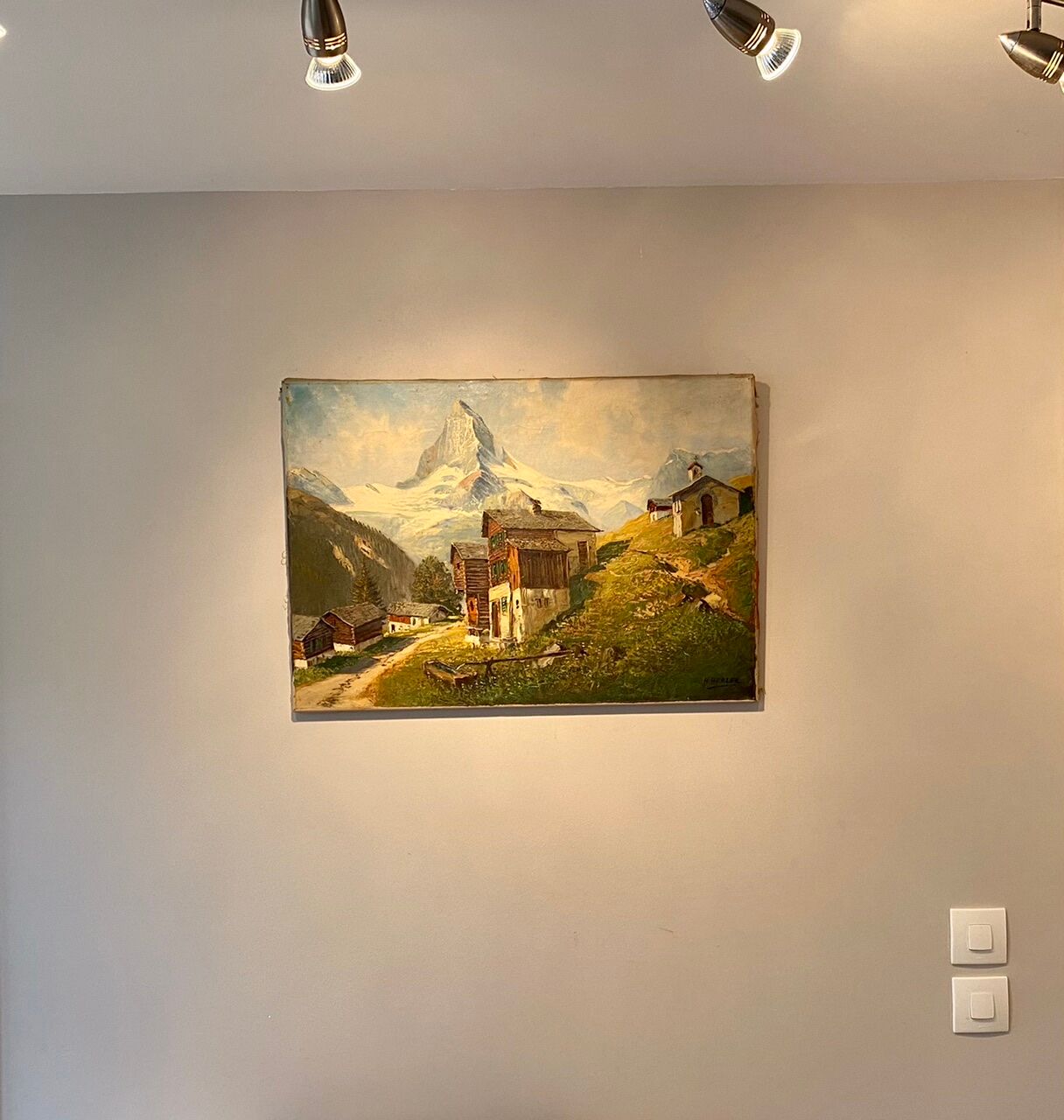 Old painting, Swiss mountain landscape signed H Herzer, mid-XX century