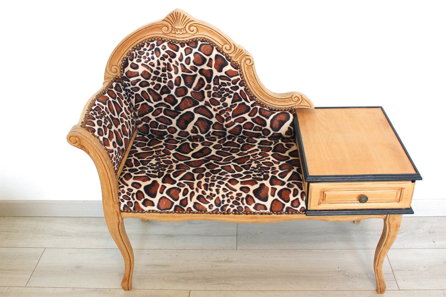 1970s armchair telephone cabinet - leopard giraffe fabric