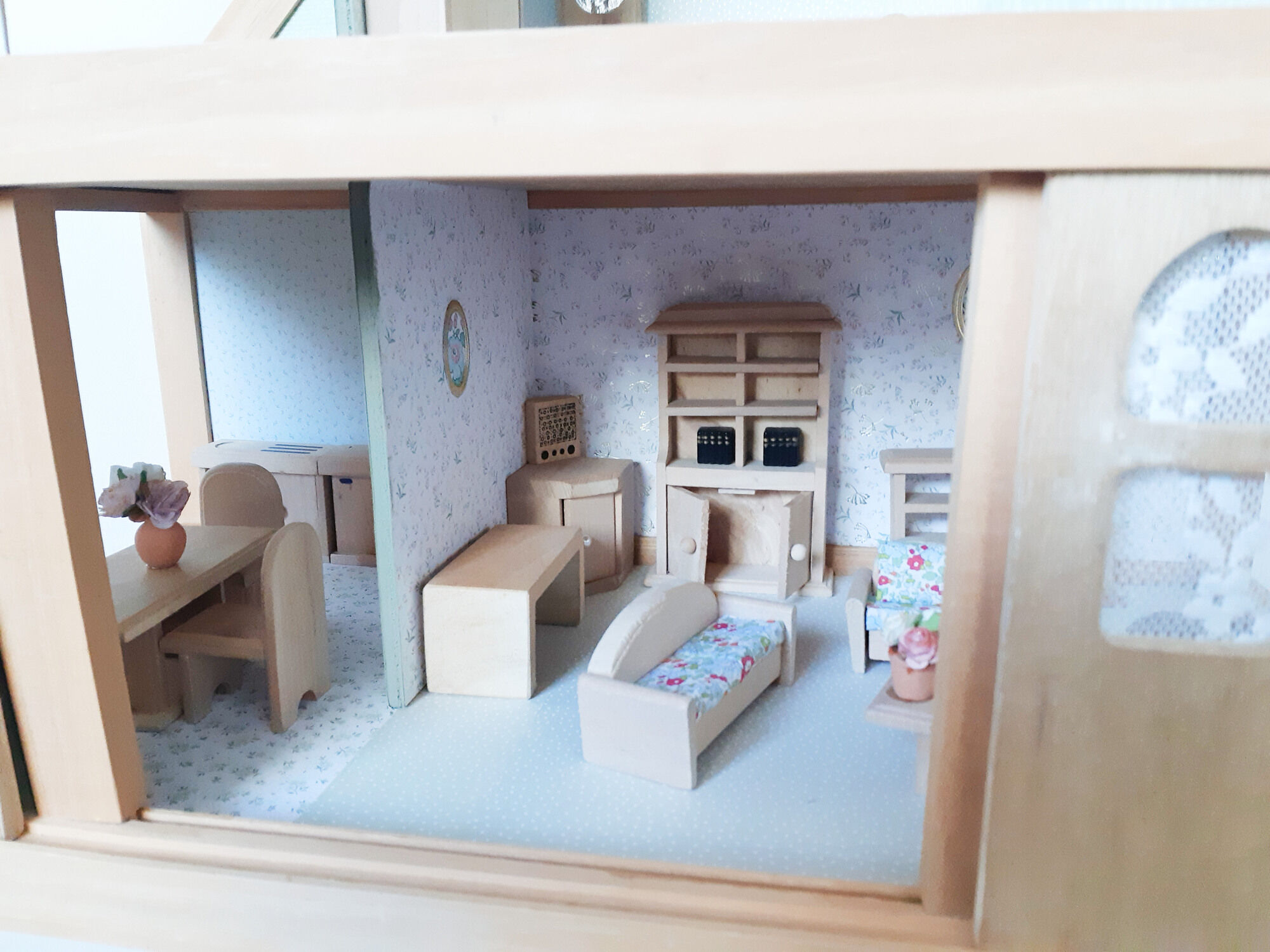 Wooden dollhouse, revamped, furnished, vintage French