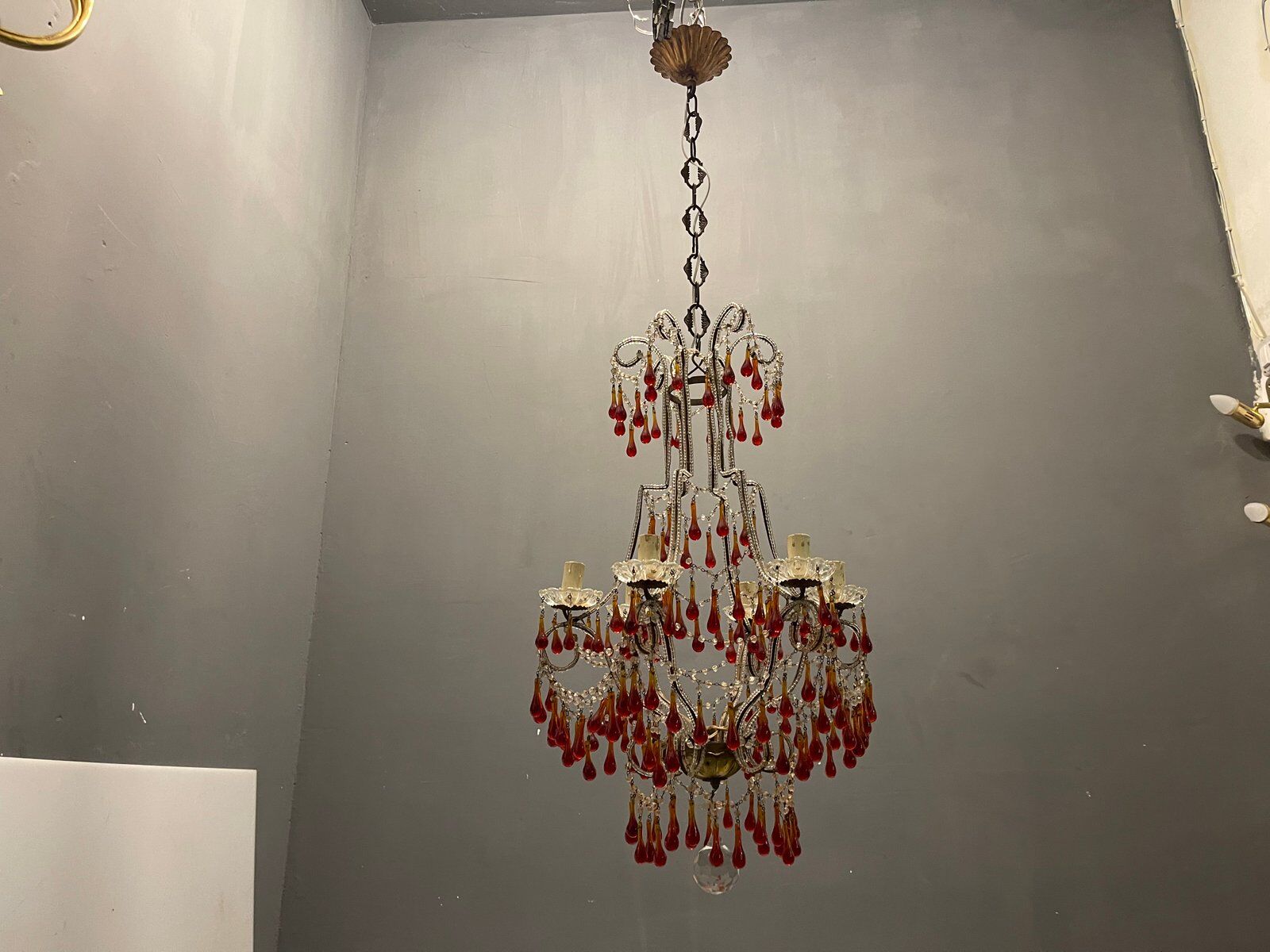 Vintage italian murano glass crystal macaroni beaded chandelier, 1950s