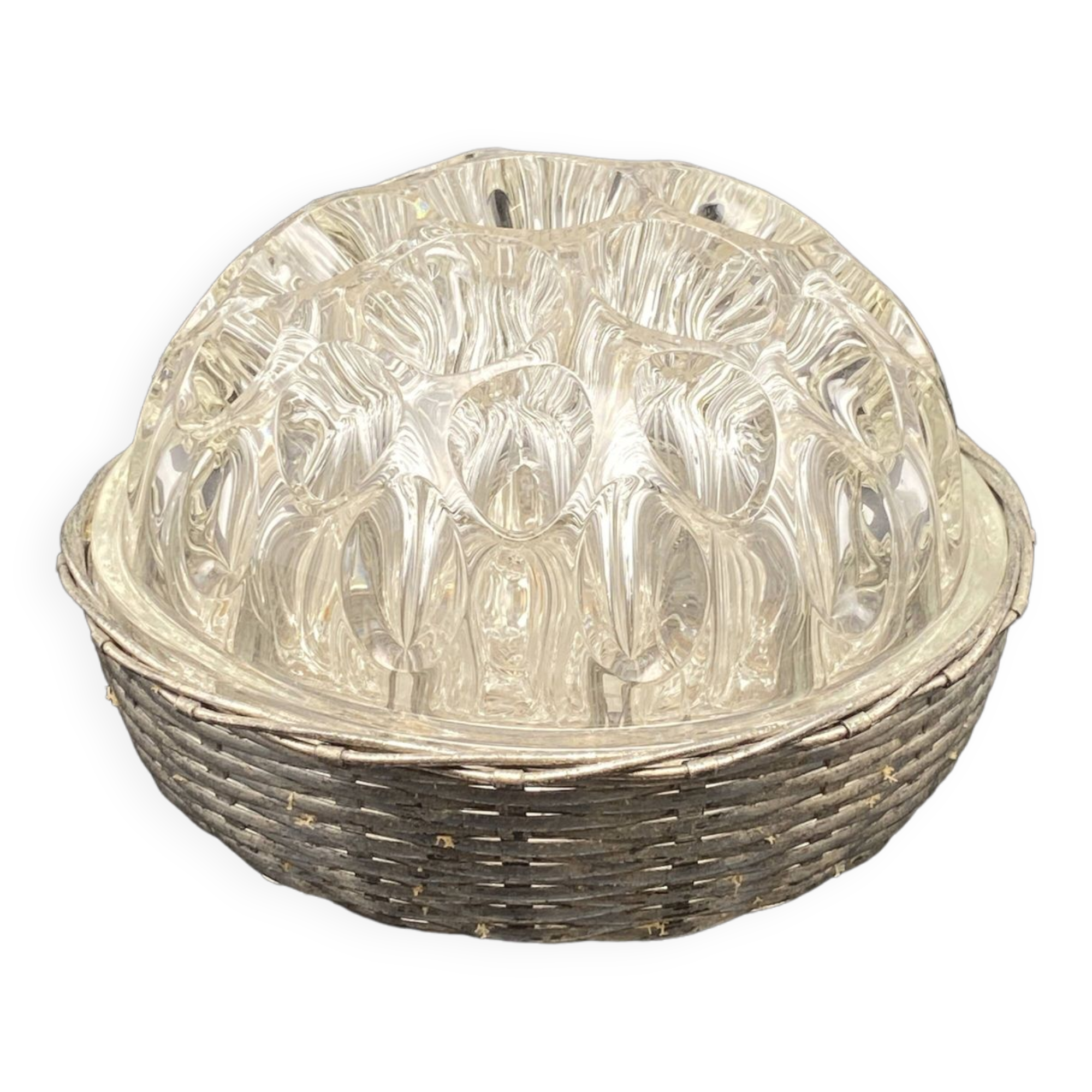 Glass flower stand with woven metal support