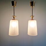 Pair of Mid Century Pendant Lights in Brass and Clear Crackle Glass, 1950s