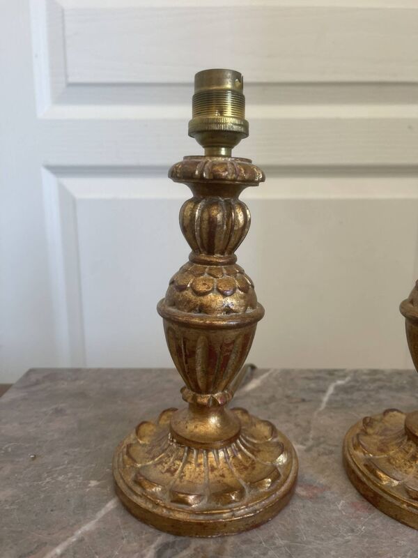 Ancien Paire Pied Lampe Bois Doré Chandelier Bougeoir 19ème XIXème