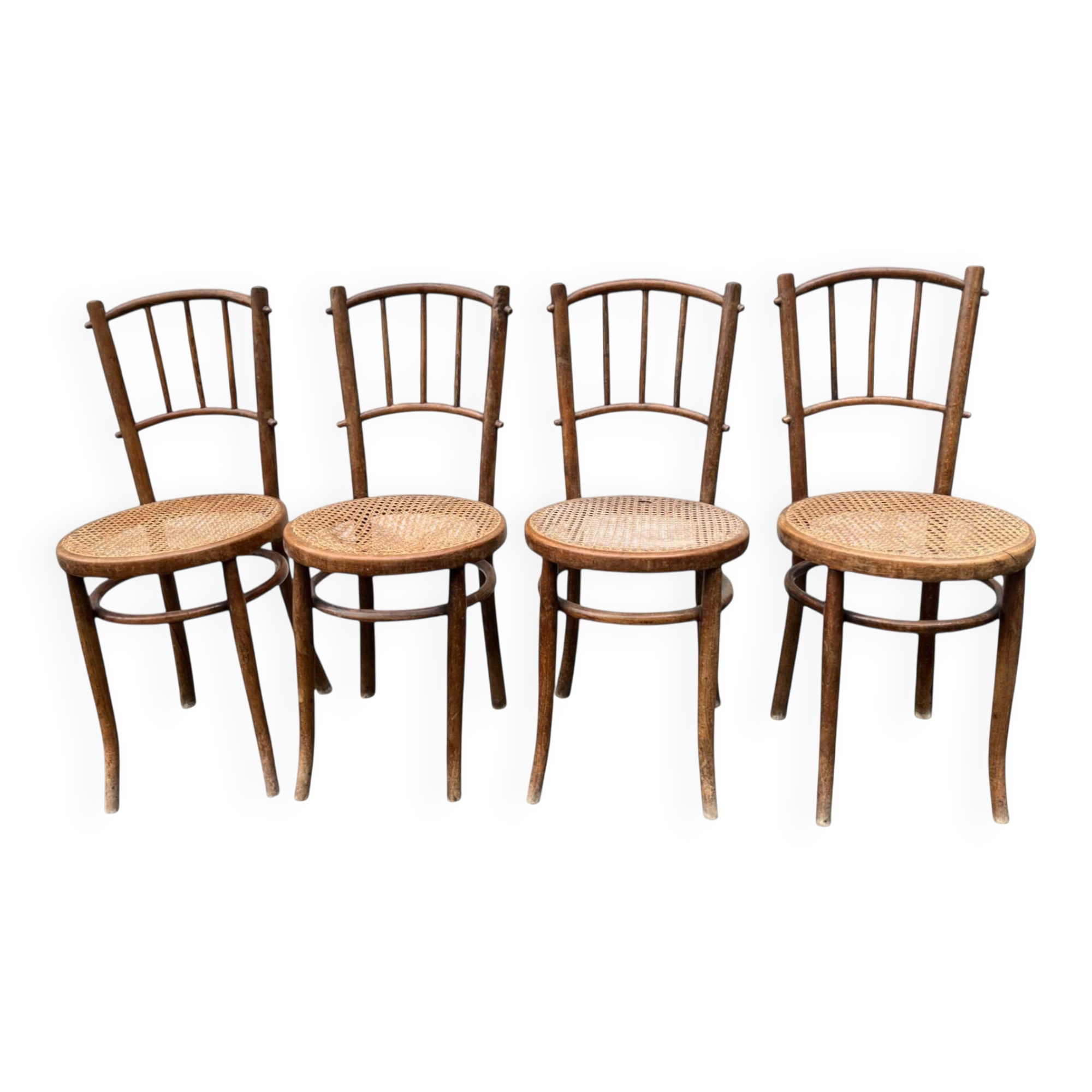 Quatre chaises bistrot bois et cannage XXème