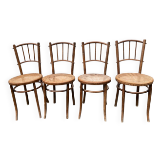 Quatre chaises bistrot bois et cannage XXème