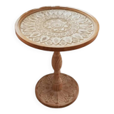 Vintage Round Solid Wood Side Table, French Retro Style, Moroccan Carvings Accent Corner Table