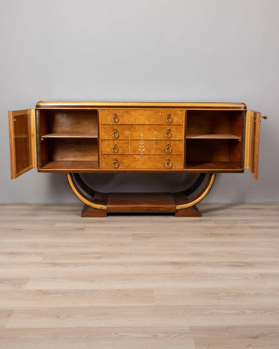SIDEBOARD VINTAGE 30'S SIDEBOARD IN WOOD AND GLASS ITALIAN ART DECO DESIGN