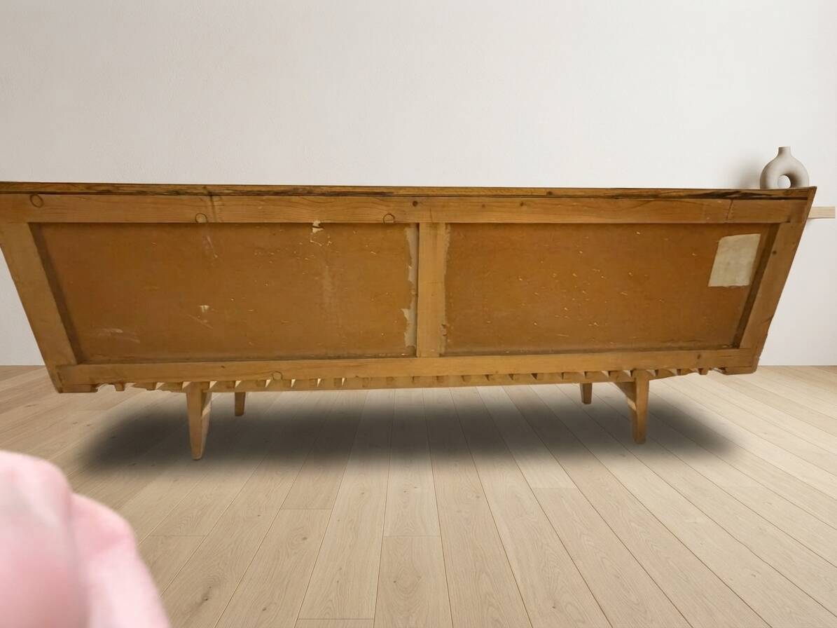 Mid-century wooden folding sofa bed frame, extendable daybed, Czechoslovakia, 190 × 151 × 77 cm