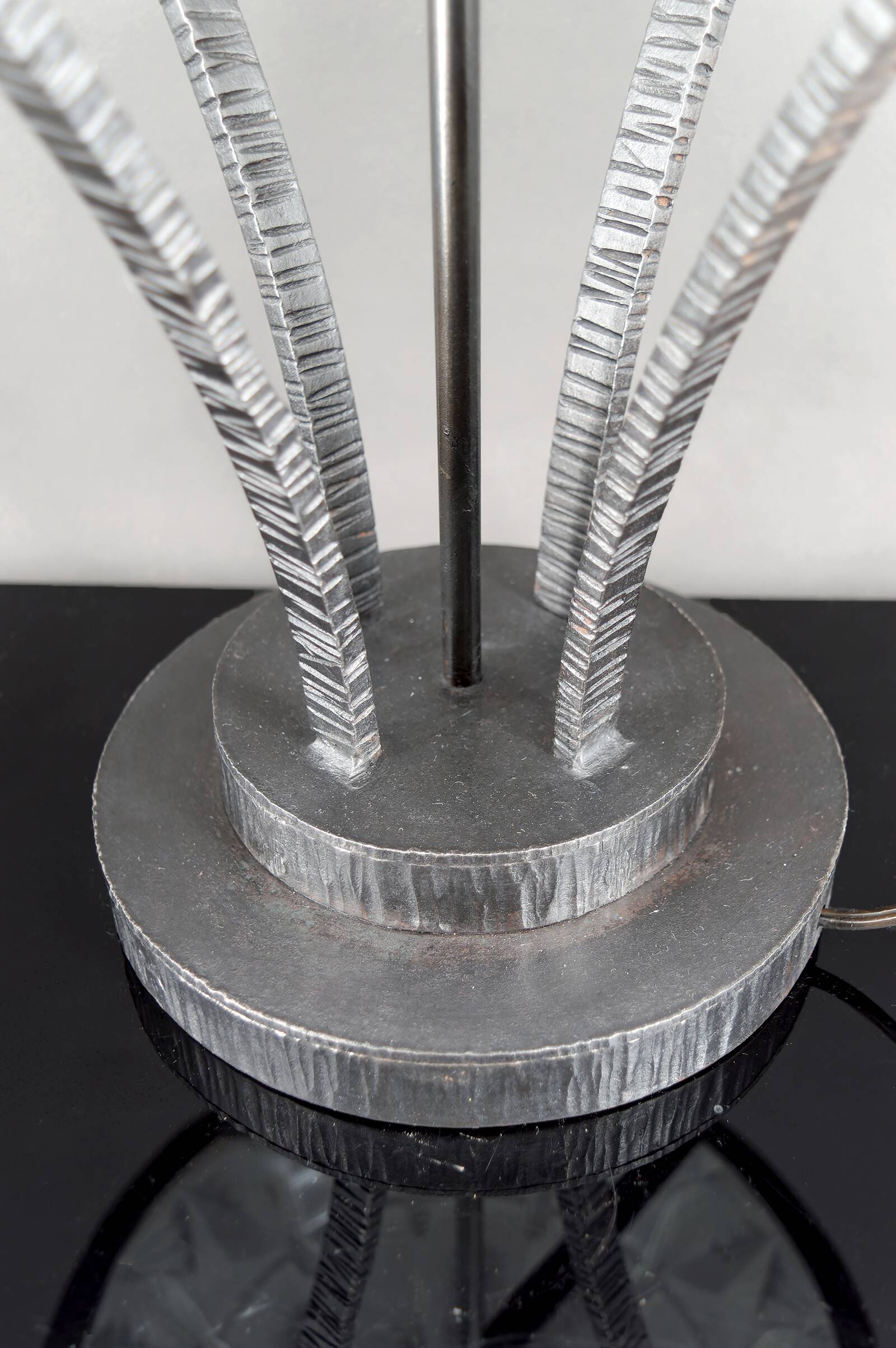 Important Art Deco Wrought Iron Lamp with Starry Glass Dome, c. 1930