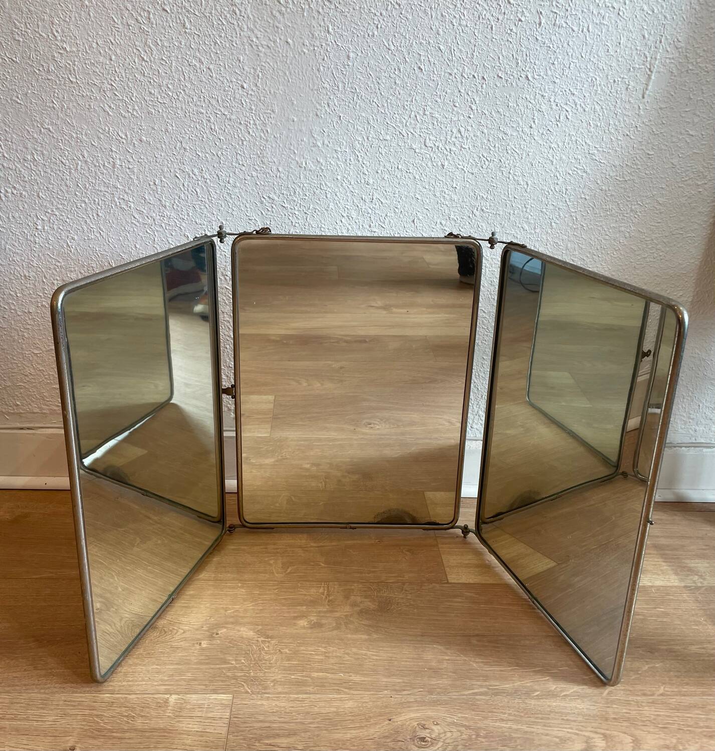 Large triptych barber mirror circa 1950, to stand or hang
