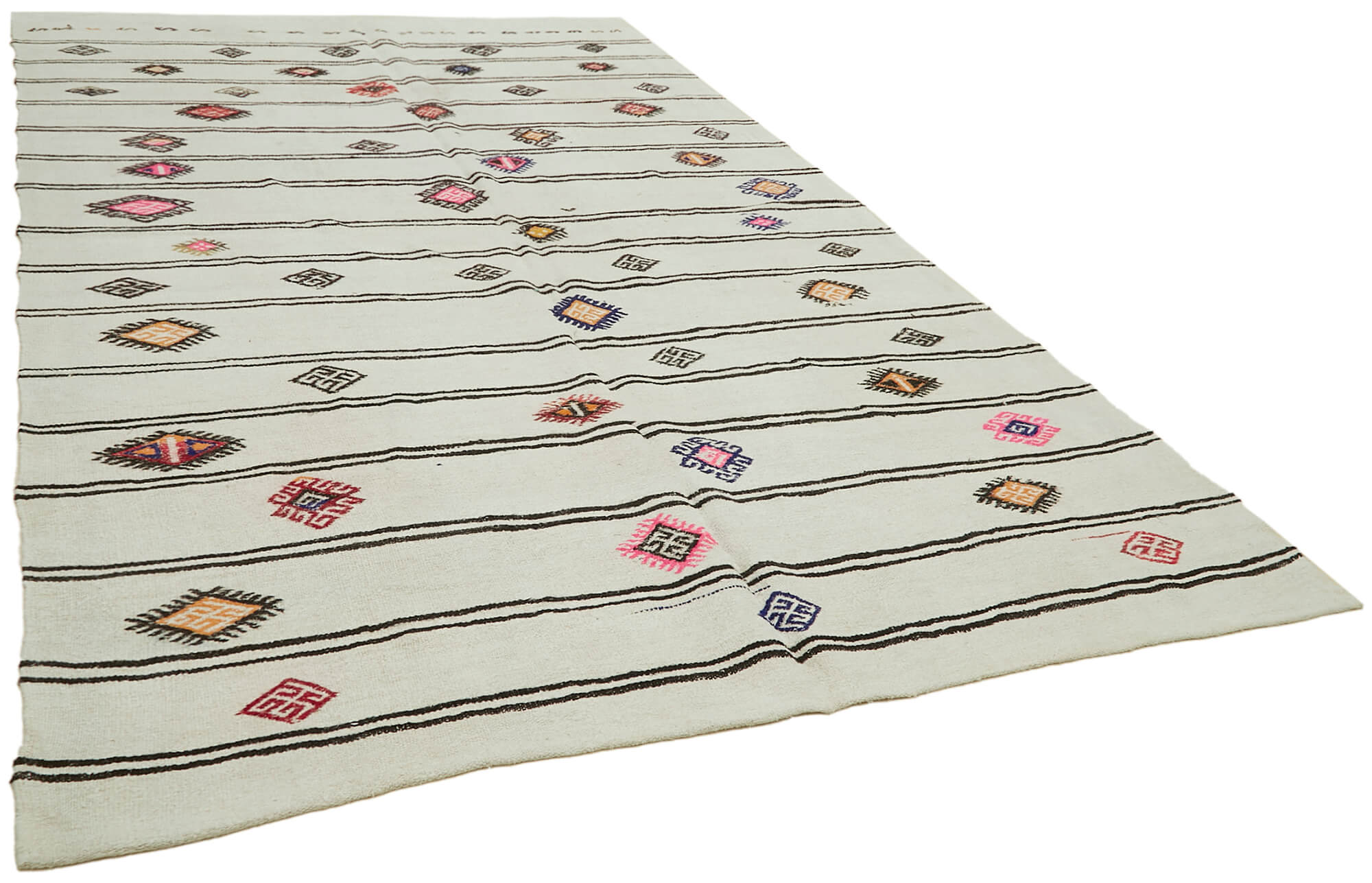 Hand-knotted turkish unique 1970s 222 cm x 343 cm beige hemp kilim carpet