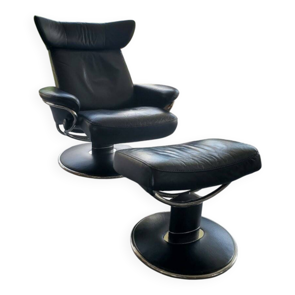 1 fauteuil Stressless modèle Jazz - cuir noir et son ottoman