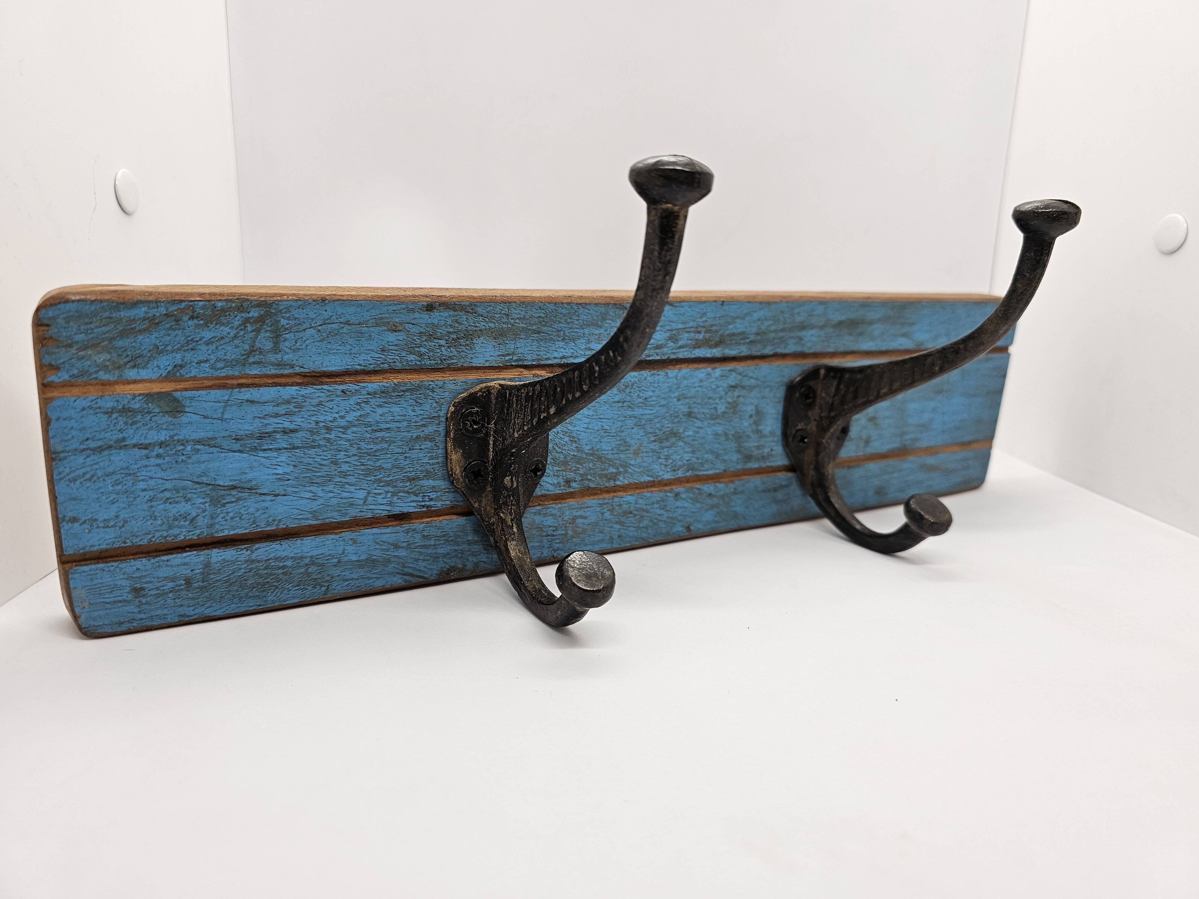 Solid teak coat hook with 2 double cast iron hooks