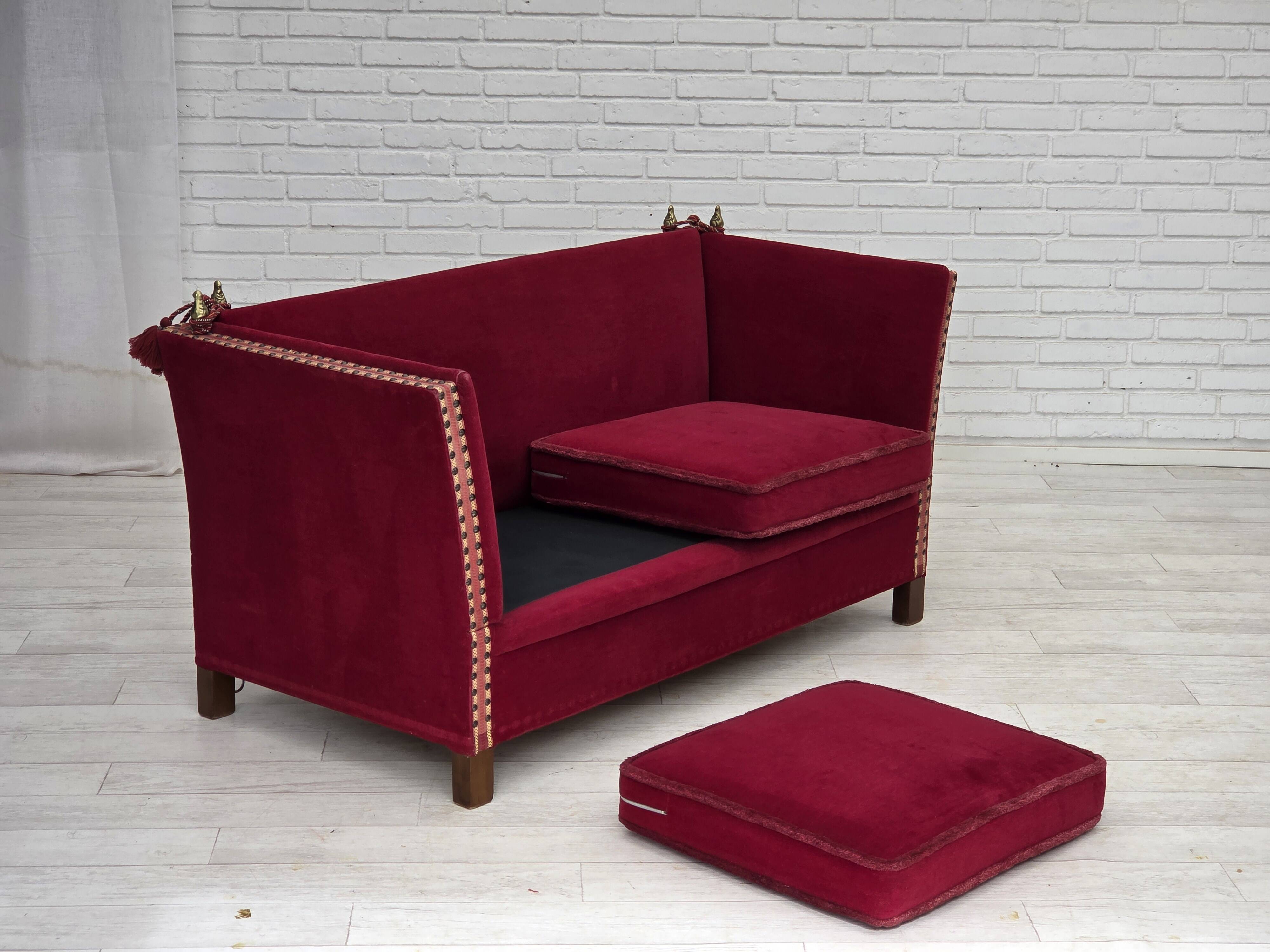 1970s, Danish 2-seater "Spanish" drop arm sofa, red furniture velour.