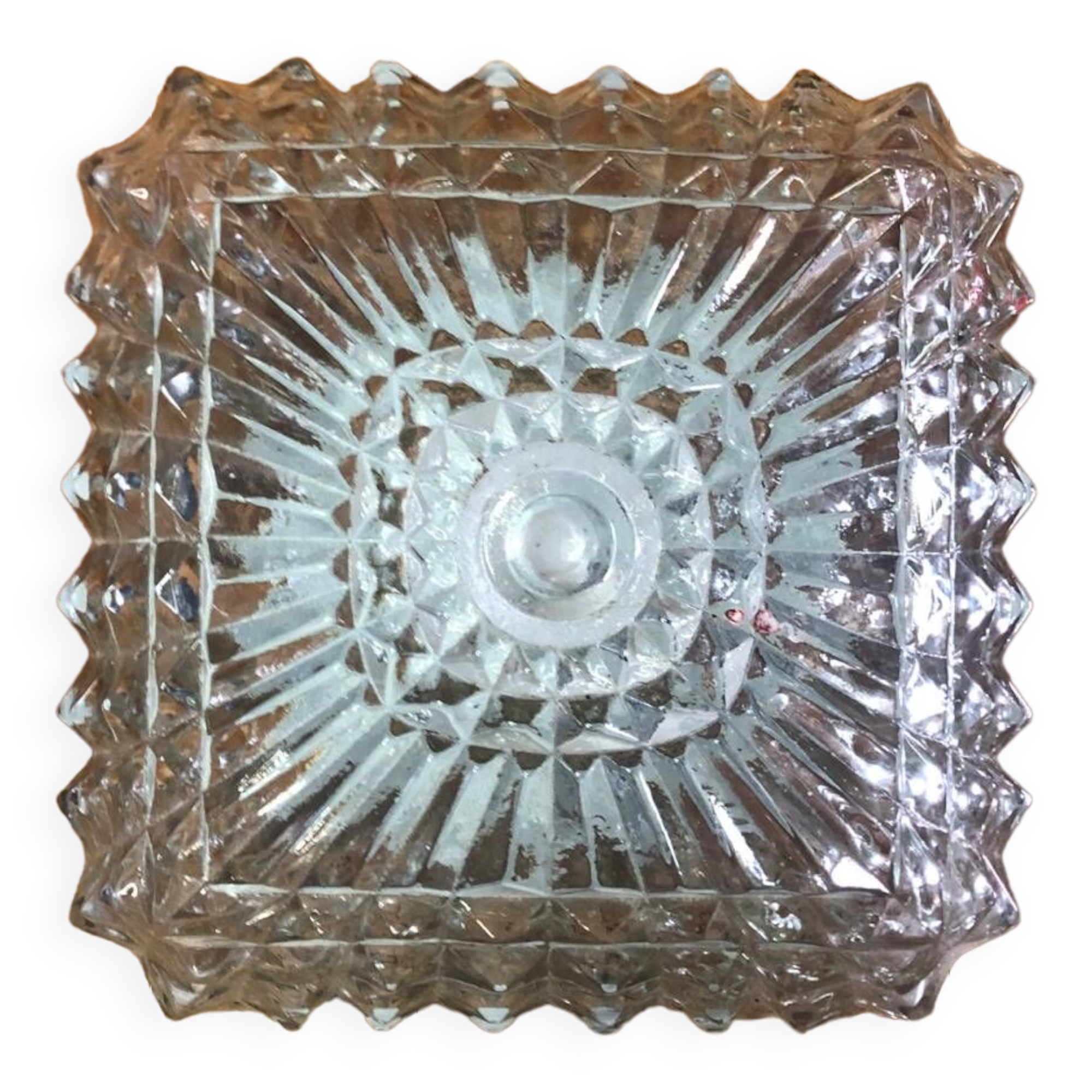 Old molded glass ceiling light + vintage black metal support