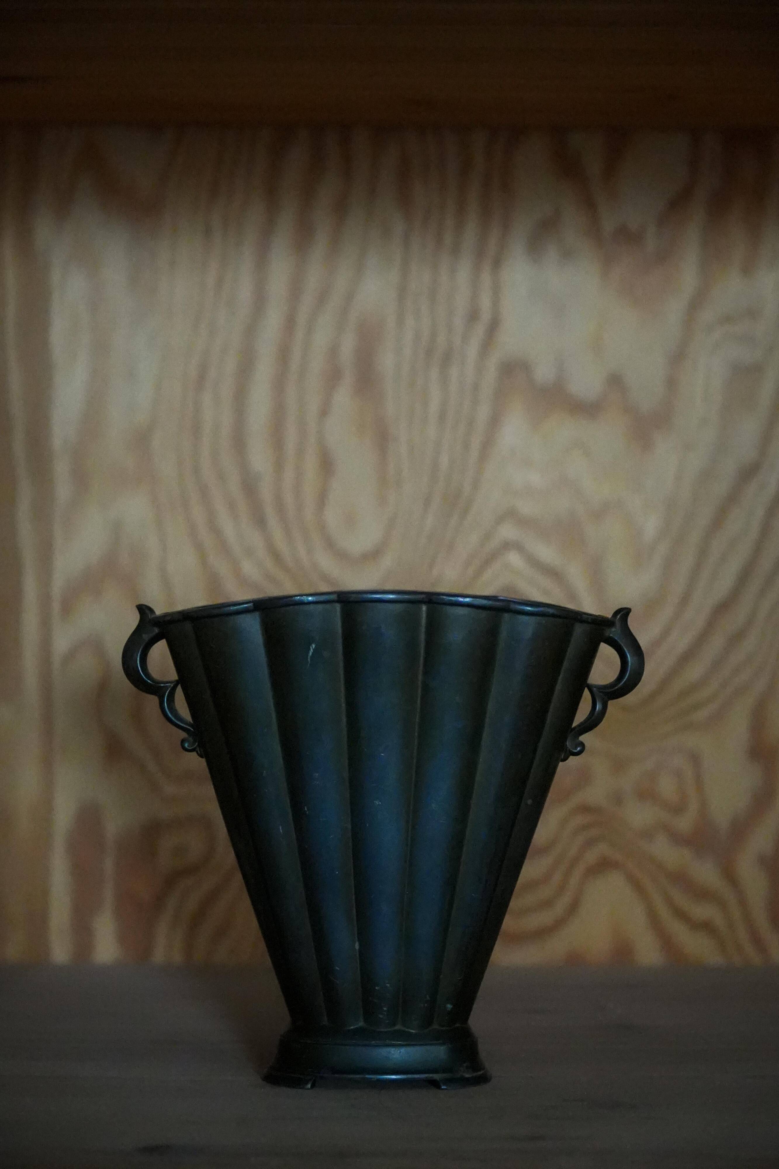 Just Andersen Art Deco Vase in Patinated Disco Metal, Denmark, 1930s, Model D20