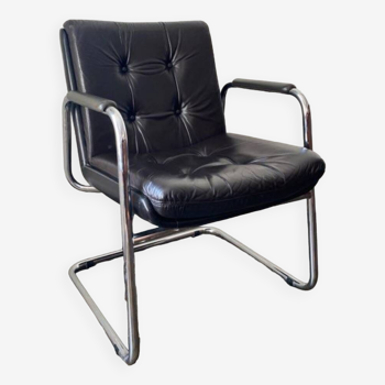 Fauteuil de direction en cuir vintage marron foncé et chrome - design italien par Co.Fe.Mo - 80’s