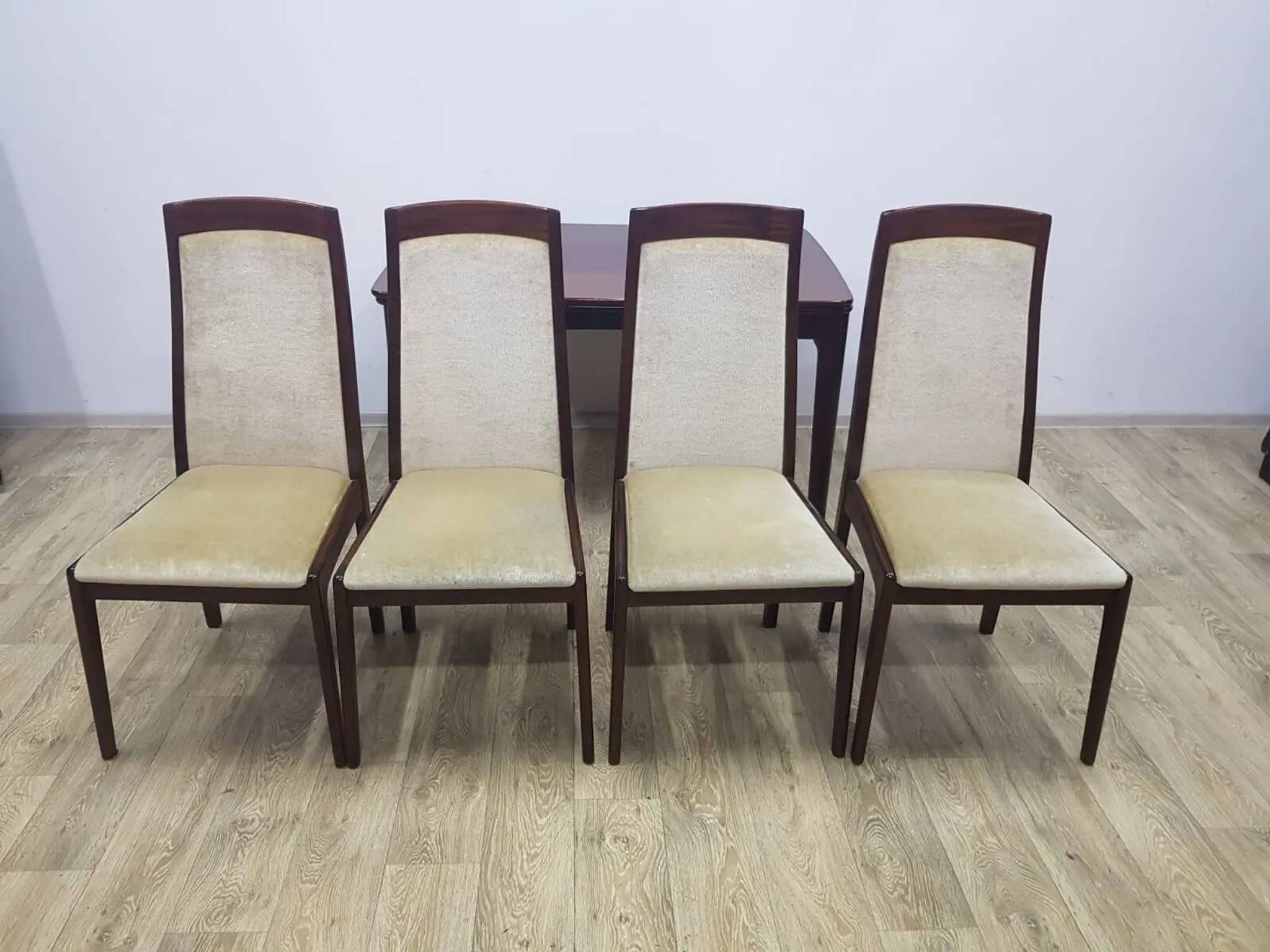 Table and four chairs set, brown wood, beige fabric, Denmark, 1970s.