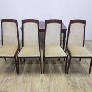 Table and four chairs set, brown wood, beige fabric, Denmark, 1970s.