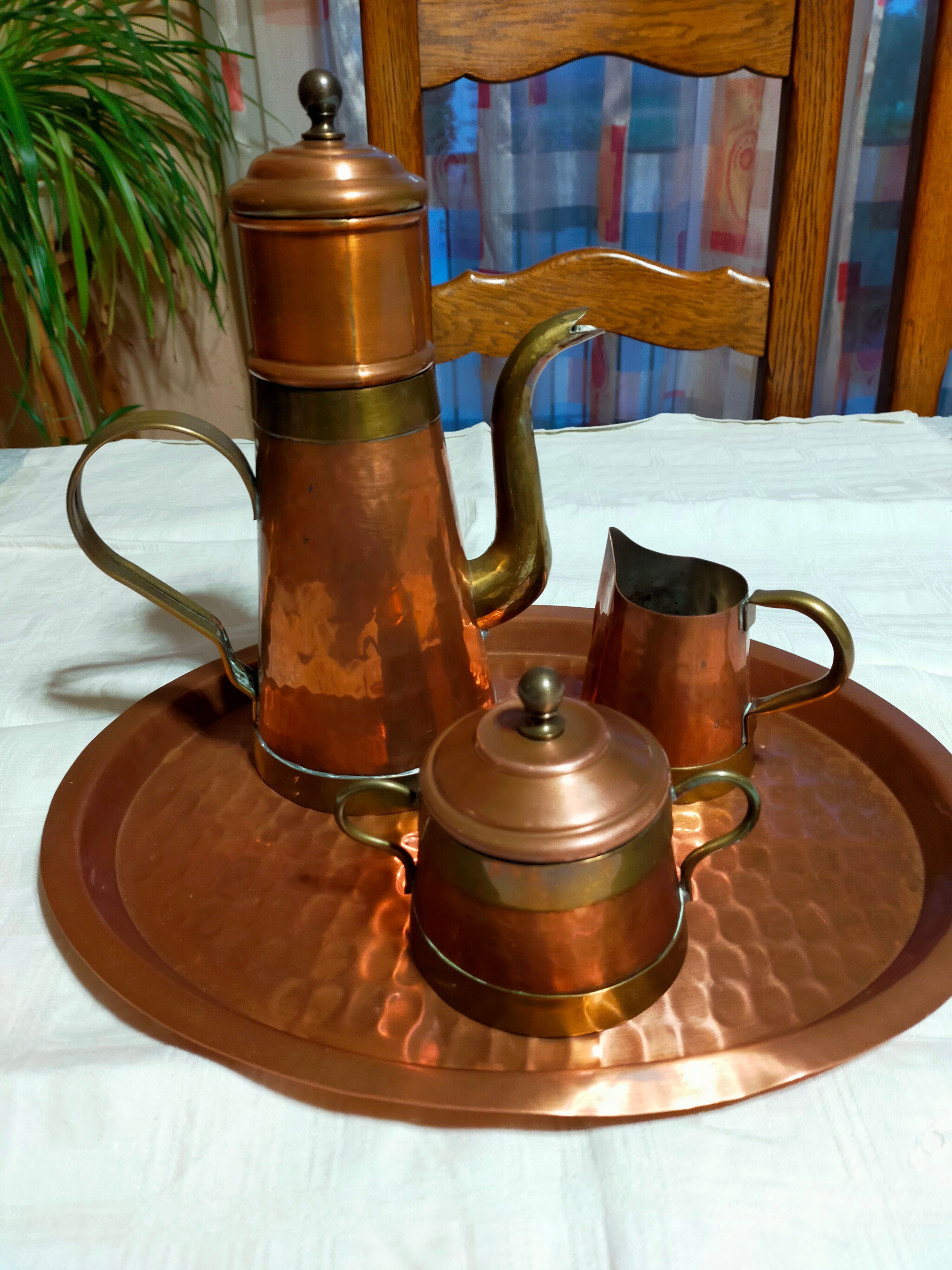 Copper milk jug and sugar bowl coffee maker