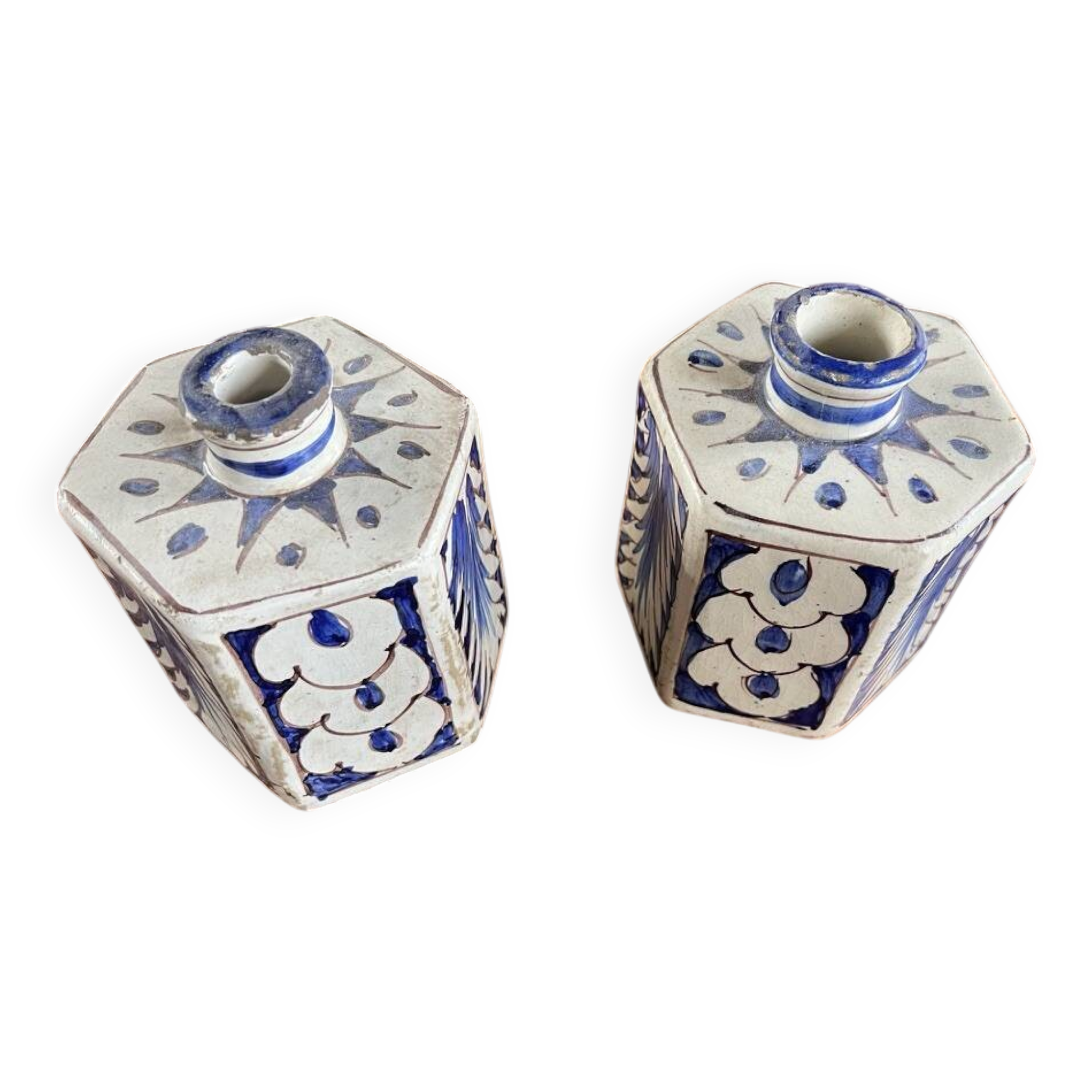 Pair of decorative earthenware bottles with blue decoration – oriental style