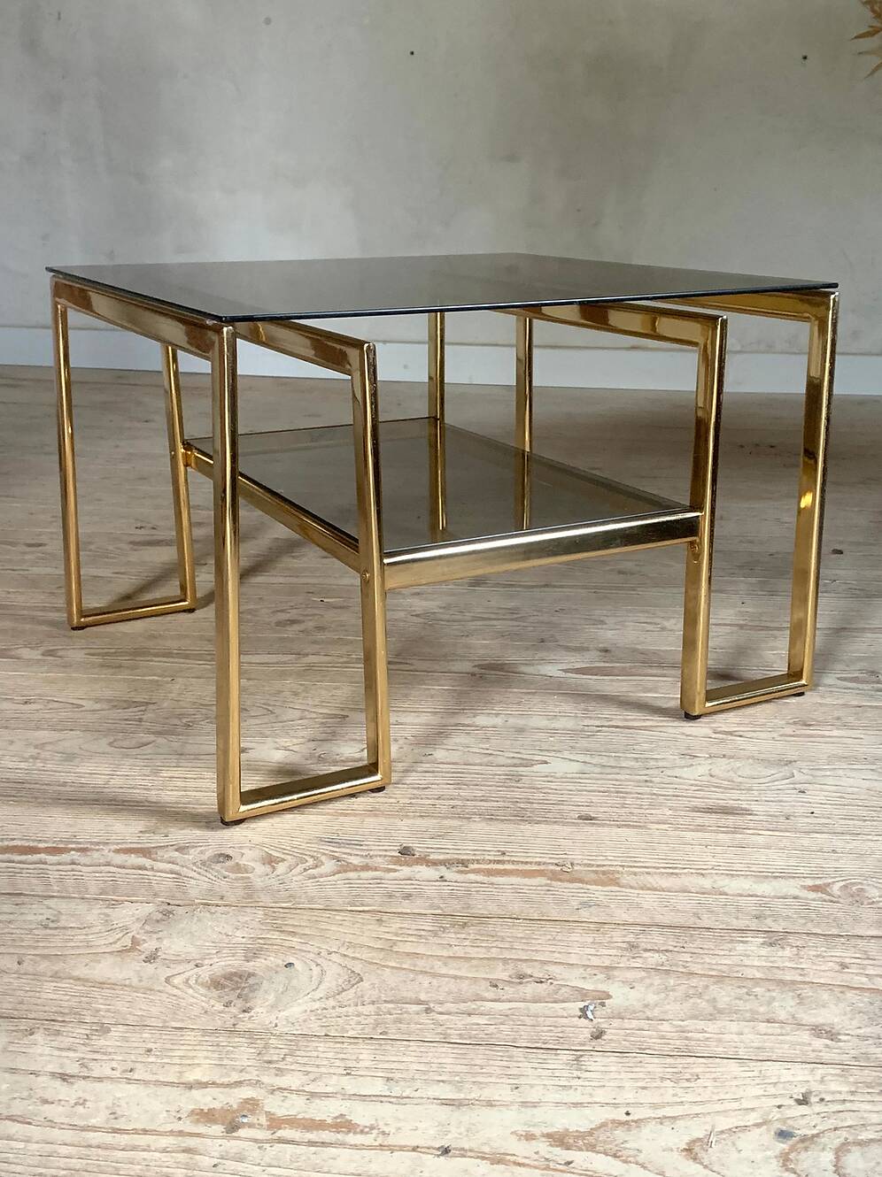 Vintage gold metal and smoked glass coffee table