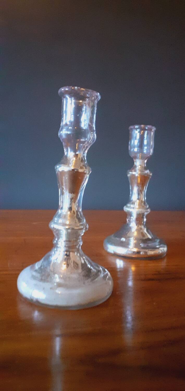 Pair Of Old Candlesticks In Eglomized/Mercurized Glass