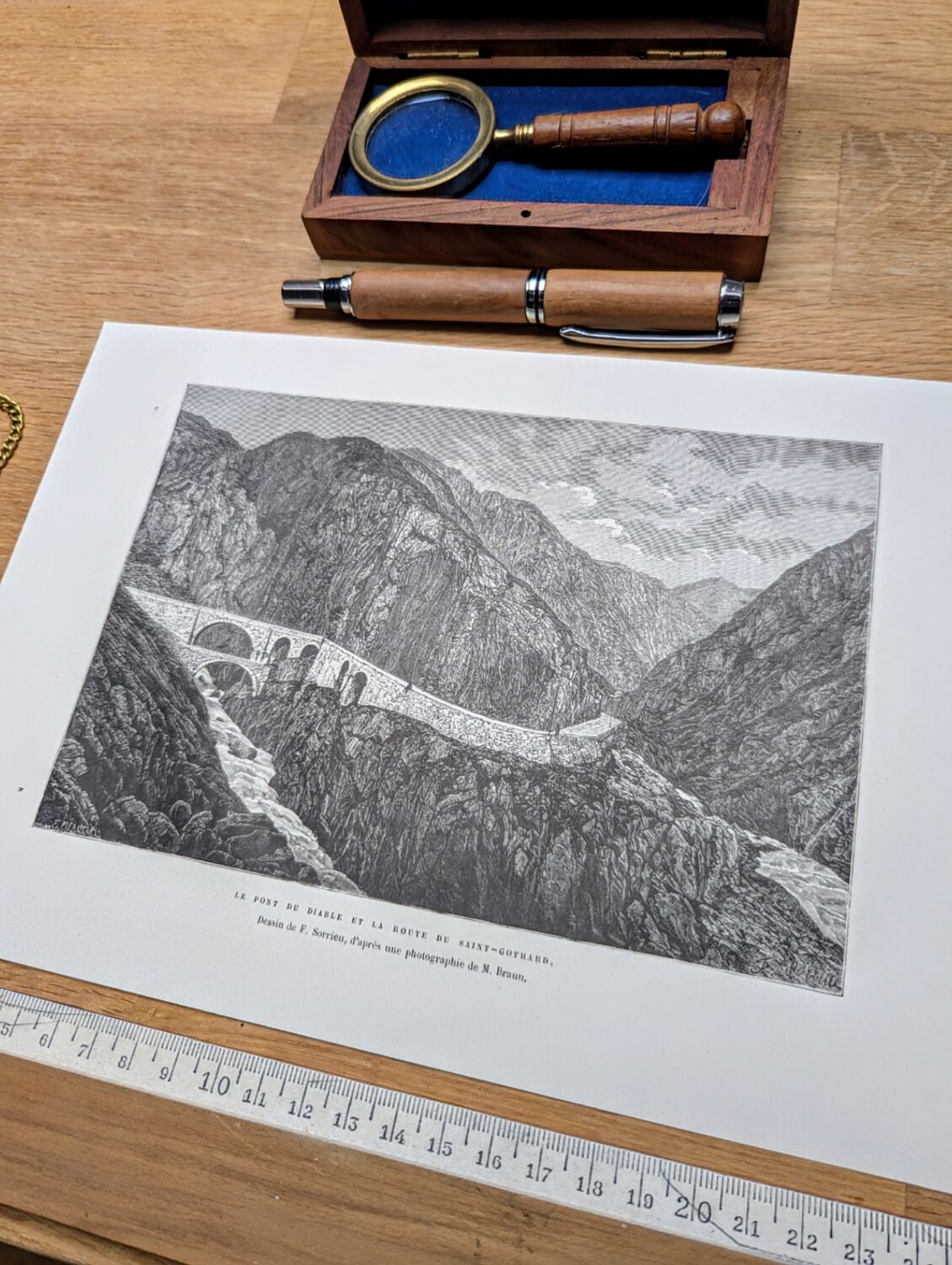 The Devil's Bridge, Schöllenen, vintage engraving, 1878.