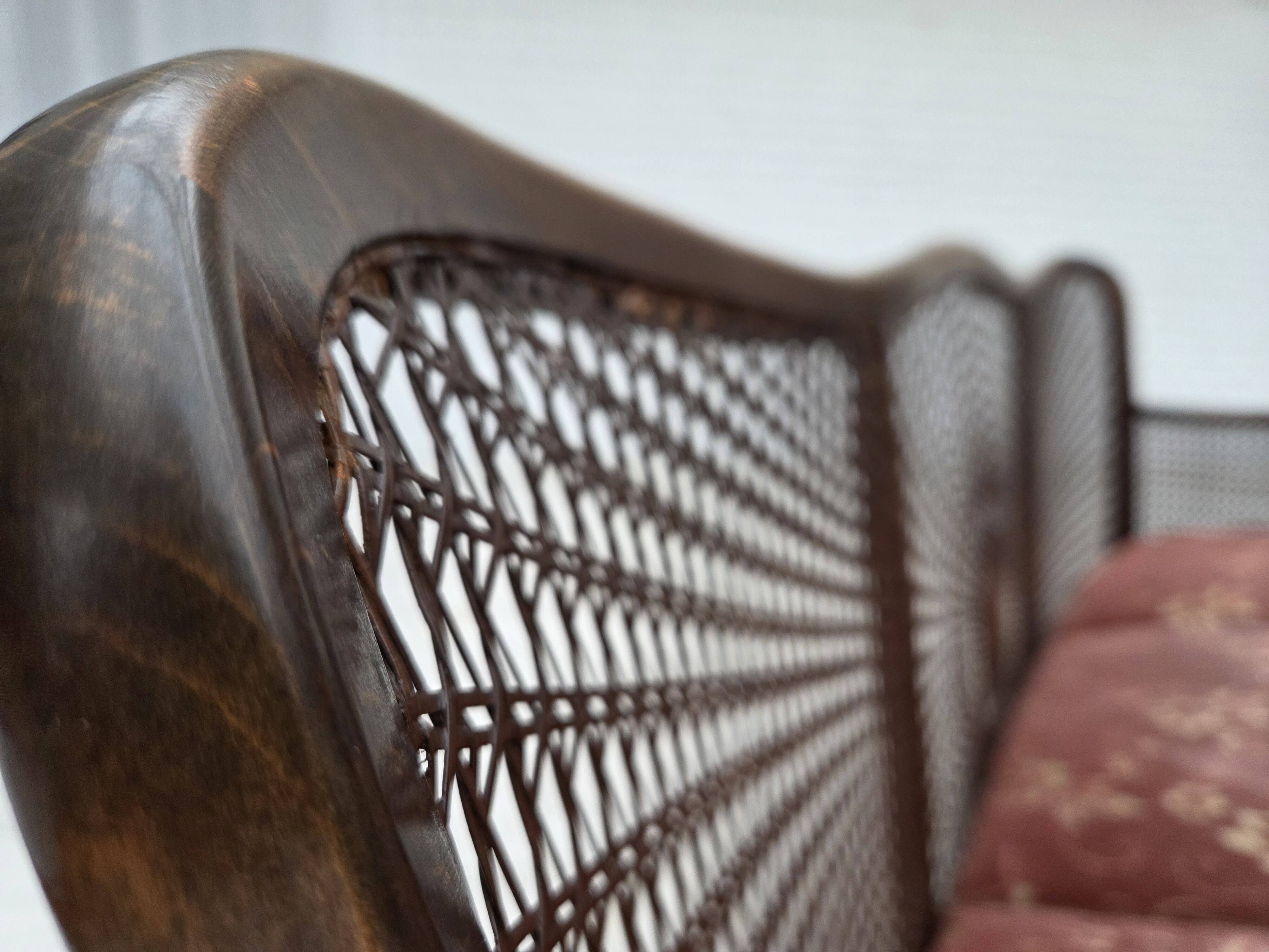 1950s, Danish 3-seater sofa, salmon/pink velour, furniture mesh.