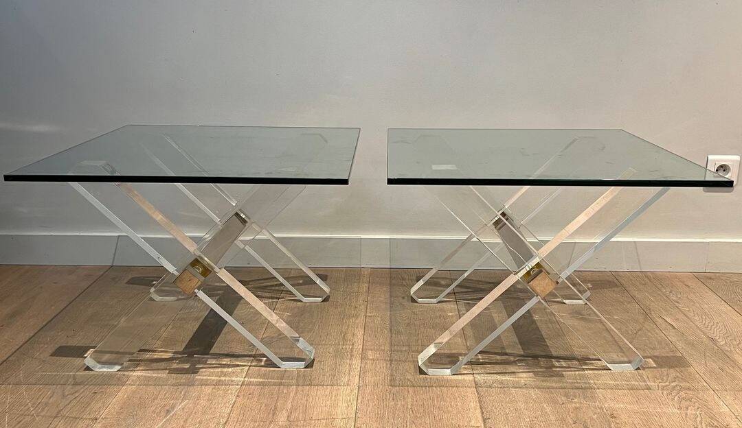 Pair of Plexiglass and Chrome Side Tables with X-shaped Legs, Work