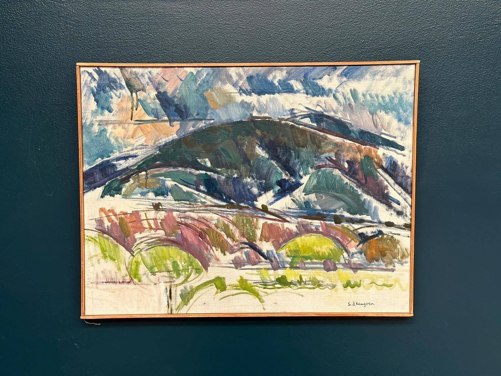 Original huile sur toile suédoise du milieu du siècle – « Paysage serein » par Sture Ekengren – Vintage et encadré