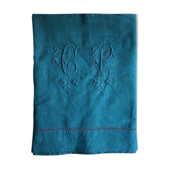 Drap ancien en pur lin lavé bleu aquatique